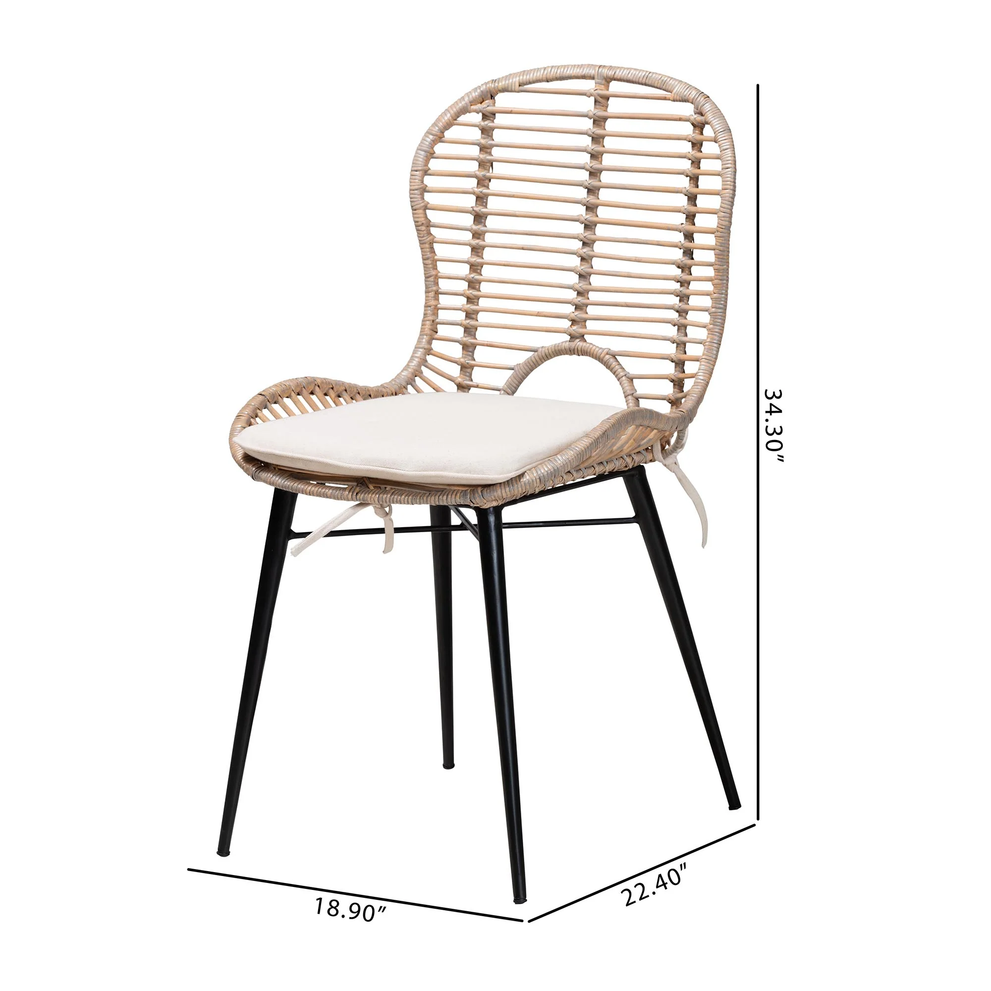 Baxton Studio bali & pari Brenna Modern Bohemian Greywashed Rattan and Black Metal 2-Piece Dining Chair Set - Image 8