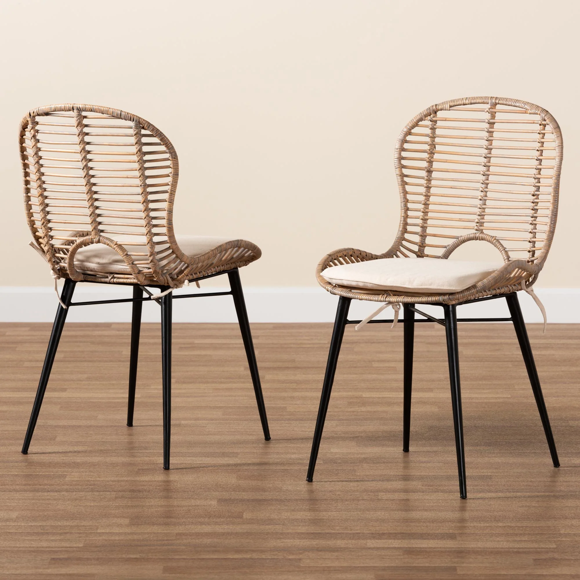 Baxton Studio bali & pari Brenna Modern Bohemian Greywashed Rattan and Black Metal 2-Piece Dining Chair Set - Image 9
