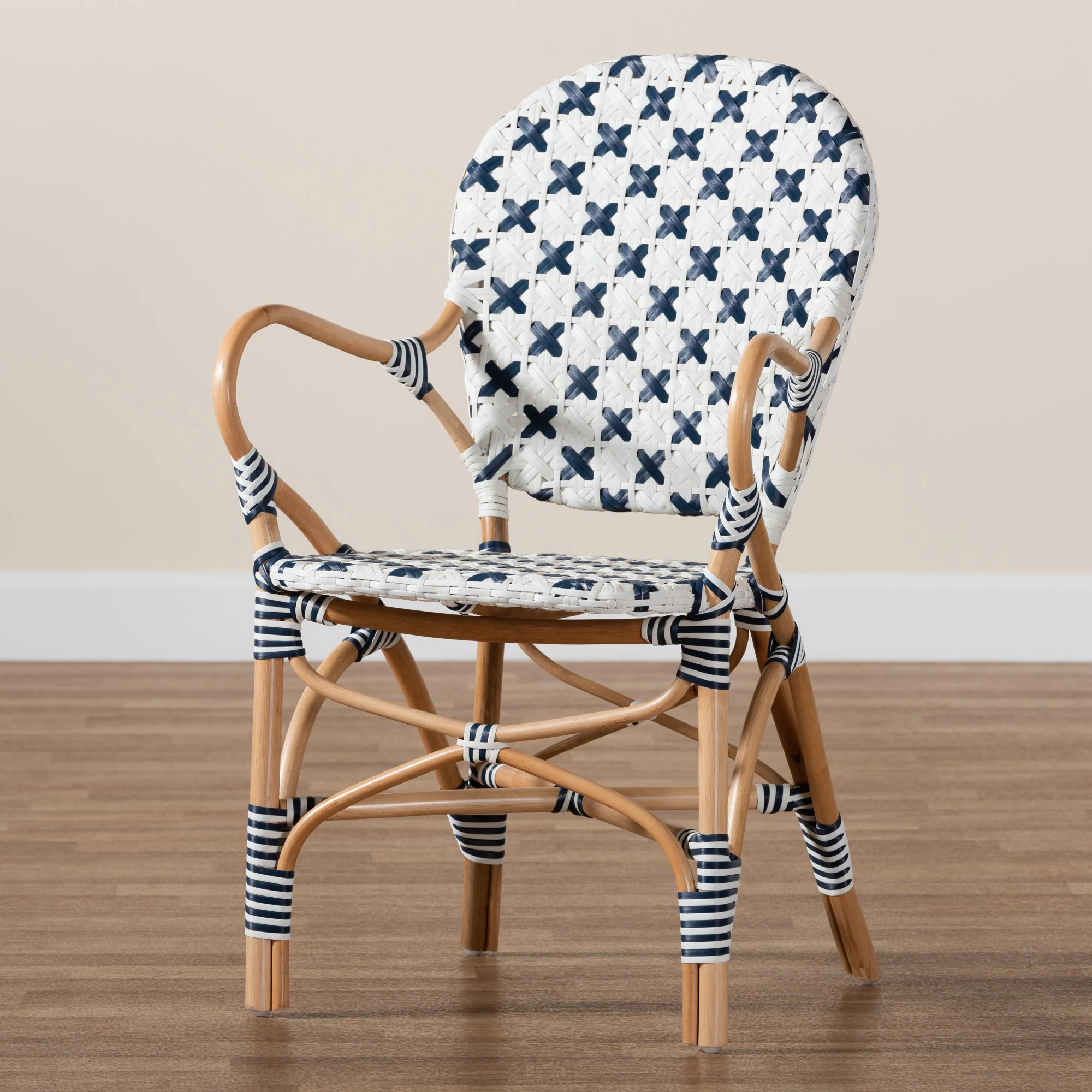 Baxton Studio bali & pari Bryson Modern French Blue and White Weaving and Natural Rattan Bistro Chair - Image 2