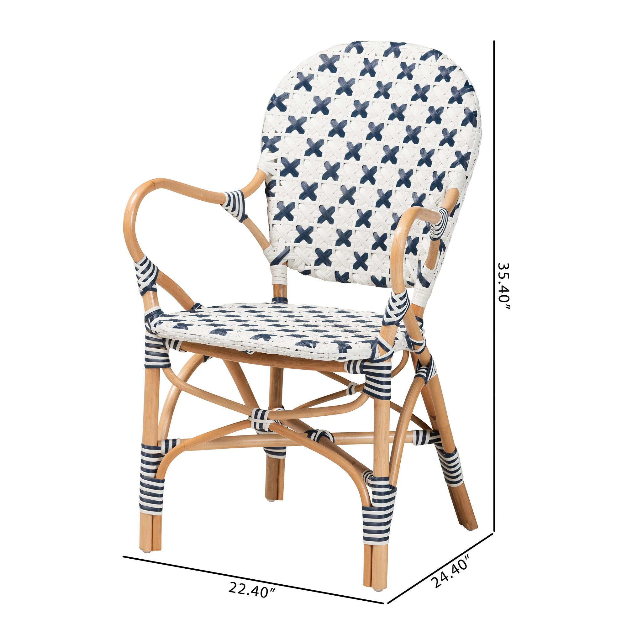 Baxton Studio bali & pari Bryson Modern French Blue and White Weaving and Natural Rattan Bistro Chair - Image 3
