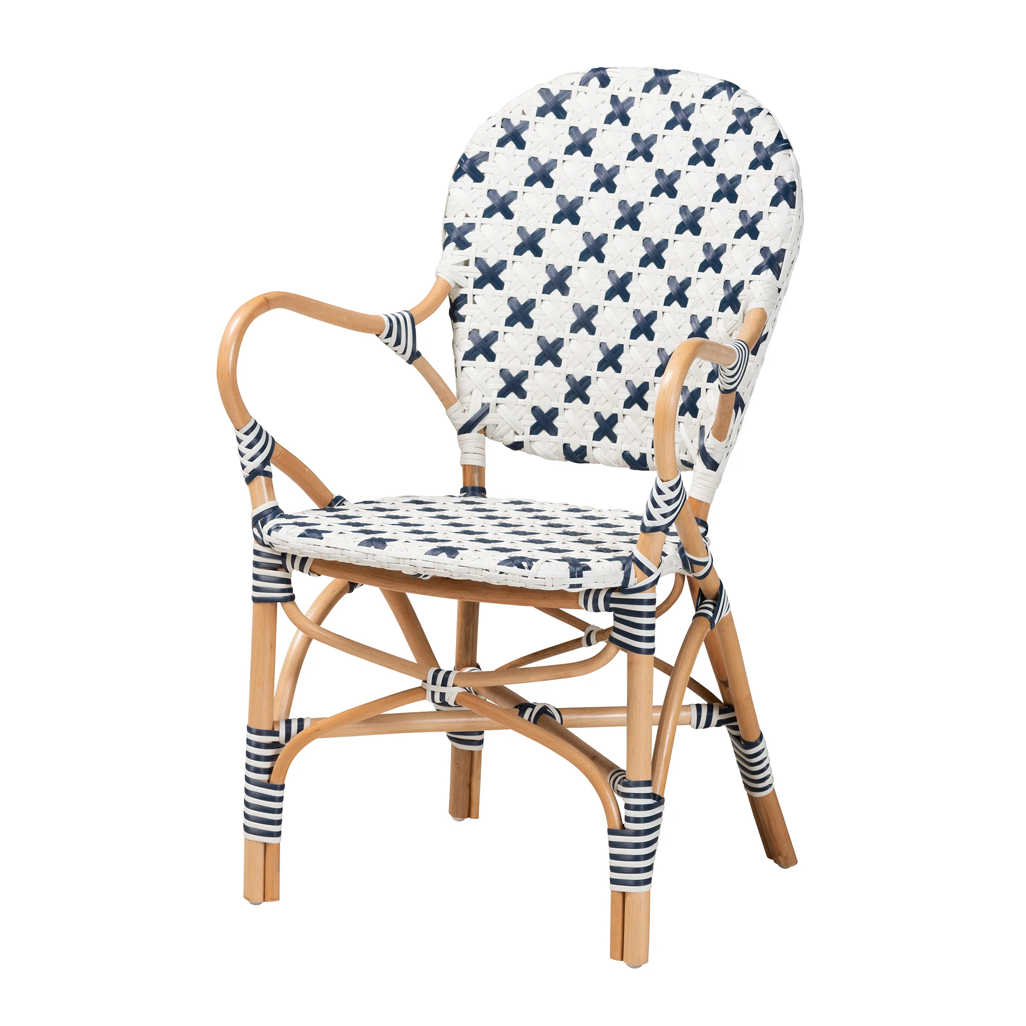 Baxton Studio bali & pari Bryson Modern French Blue and White Weaving and Natural Rattan Bistro Chair - Image 4