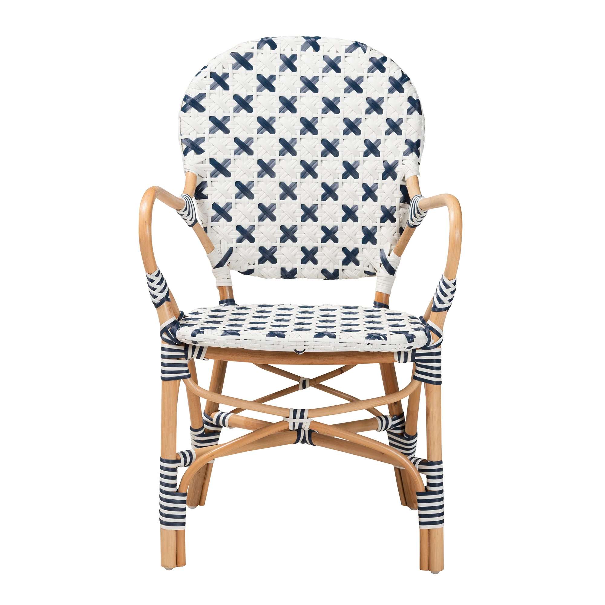 Baxton Studio bali & pari Bryson Modern French Blue and White Weaving and Natural Rattan Bistro Chair - Image 5