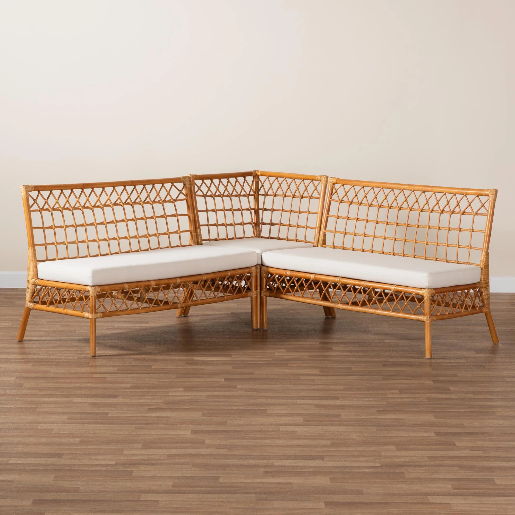 Baxton Studio bali & pari Capella Modern Bohemian Honey Rattan 3-Piece Dining Nook Banquette Set - Image 9