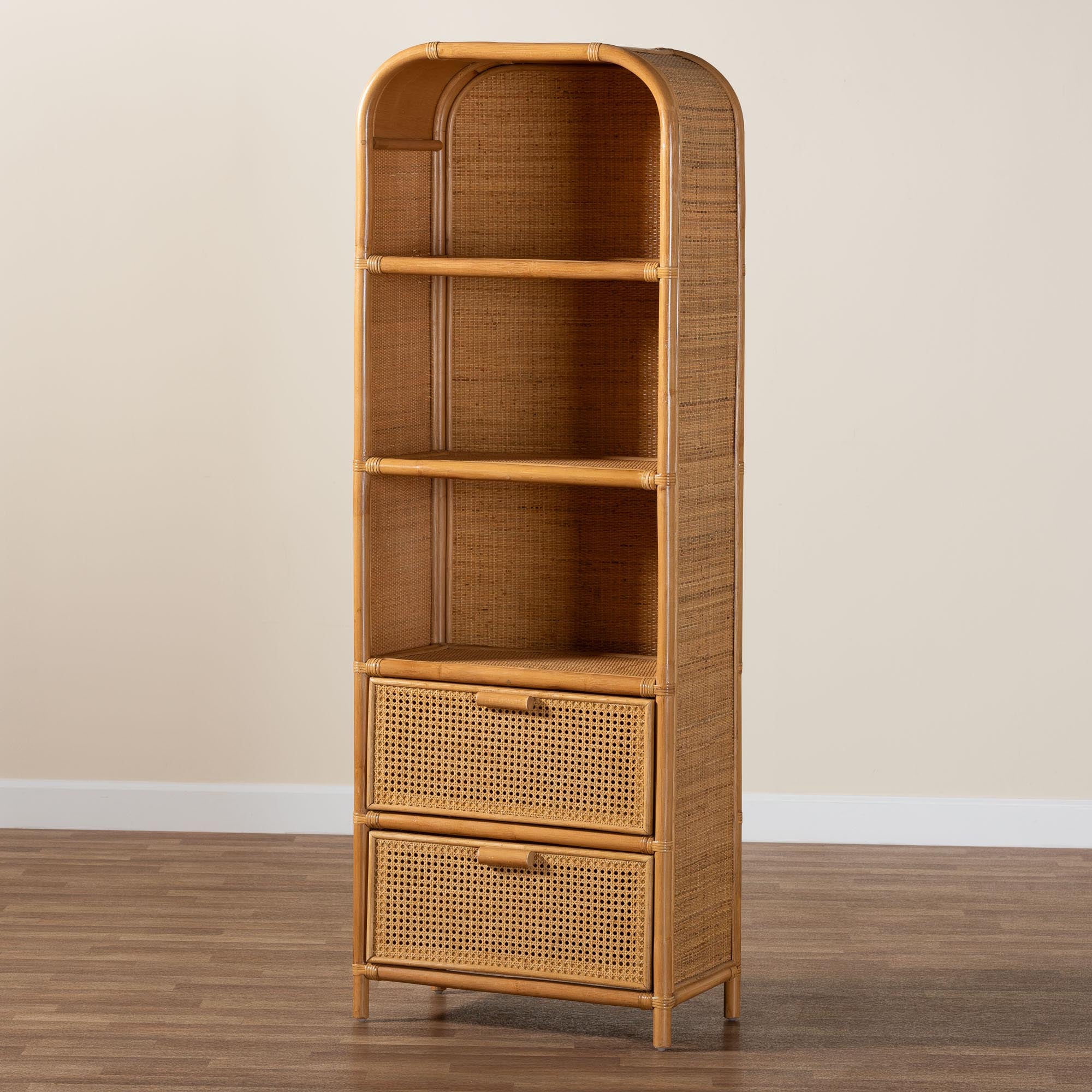Baxton Studio bali & pari Curacao Modern Bohemian Light Honey Rattan 2-Drawer Bookcase - Image 2