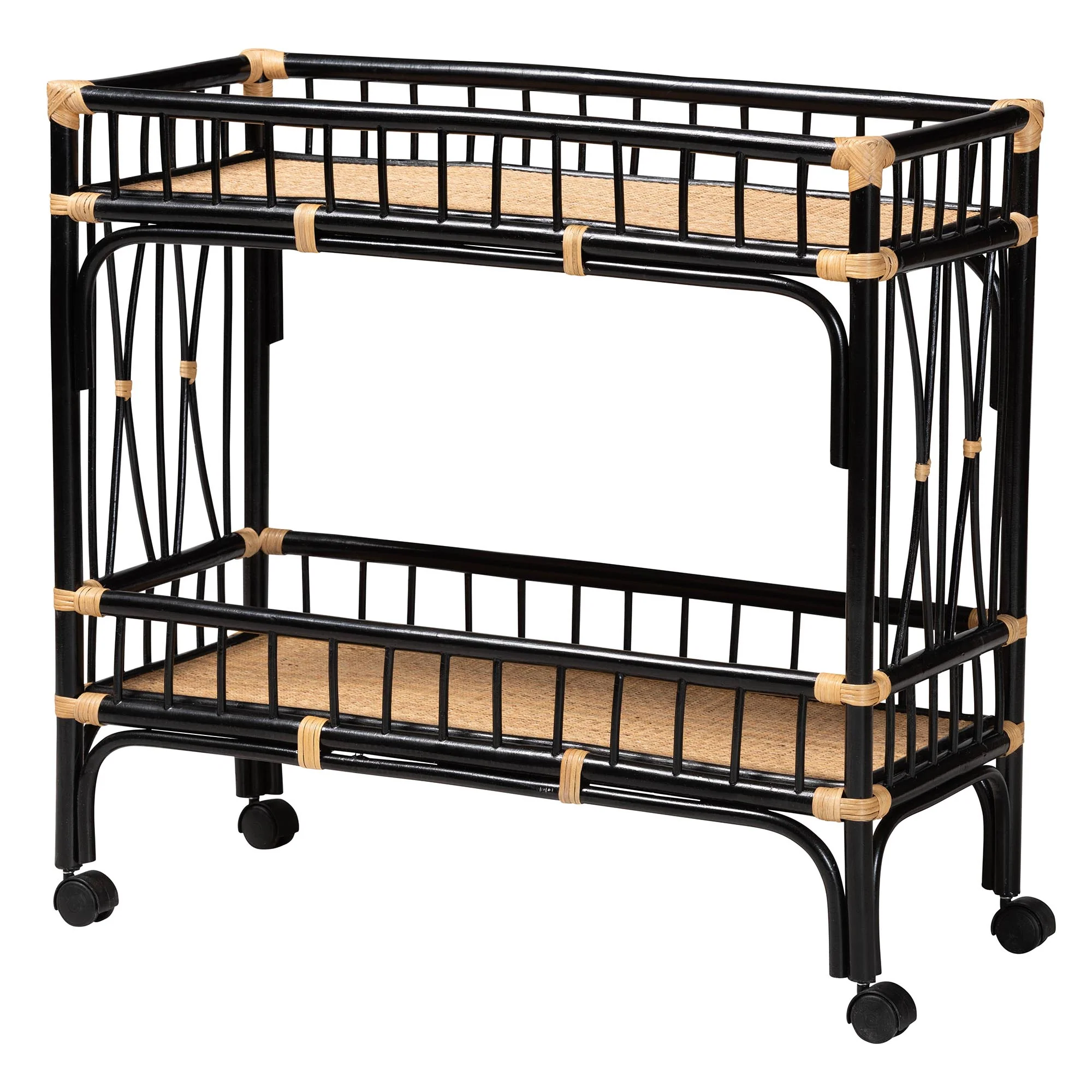Baxton Studio bali & pari Dalinda Modern Bohemian Two-Tone Black and Natural Brown Rattan 2-Tier Kitchen Cart - Image 2