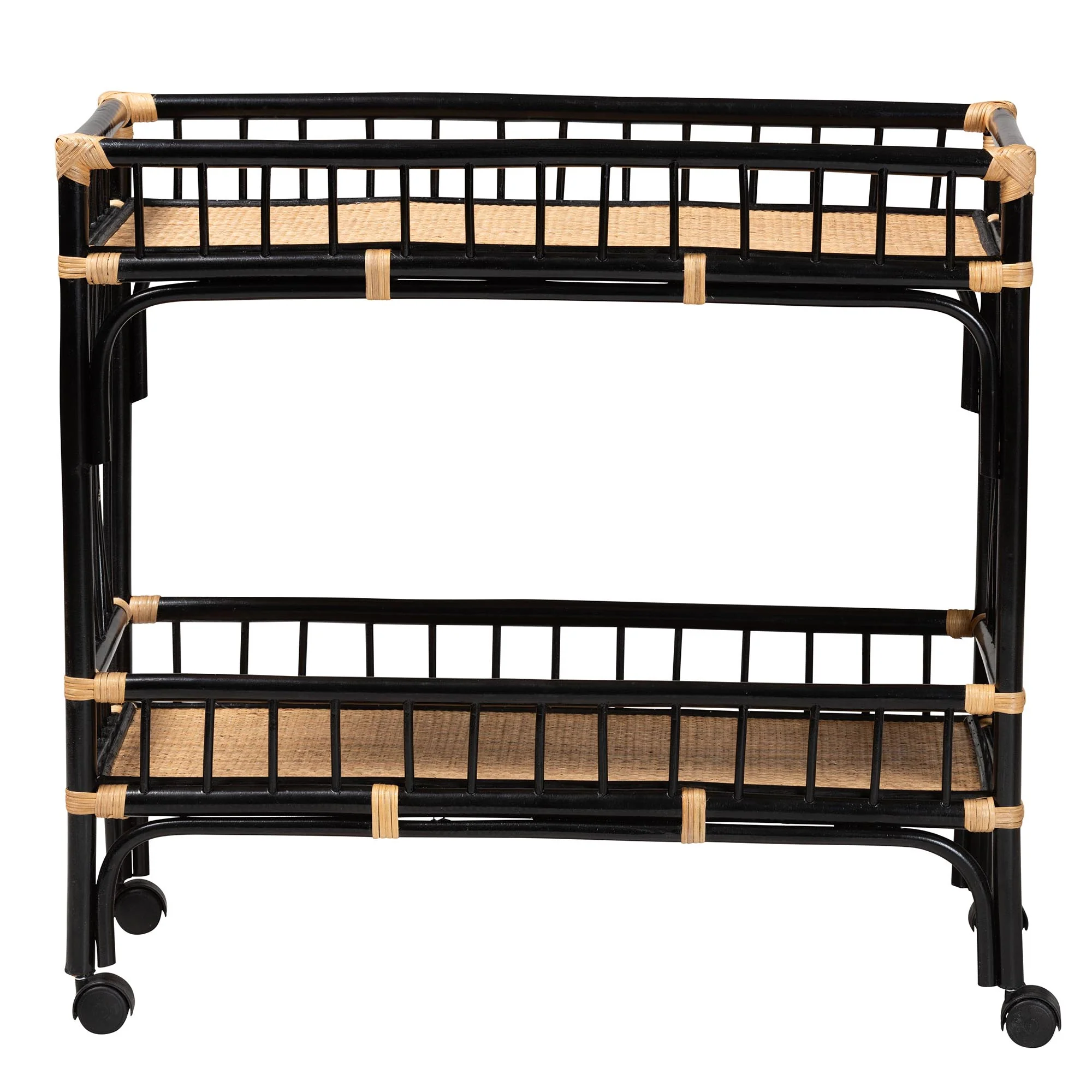 Baxton Studio bali & pari Dalinda Modern Bohemian Two-Tone Black and Natural Brown Rattan 2-Tier Kitchen Cart - Image 3