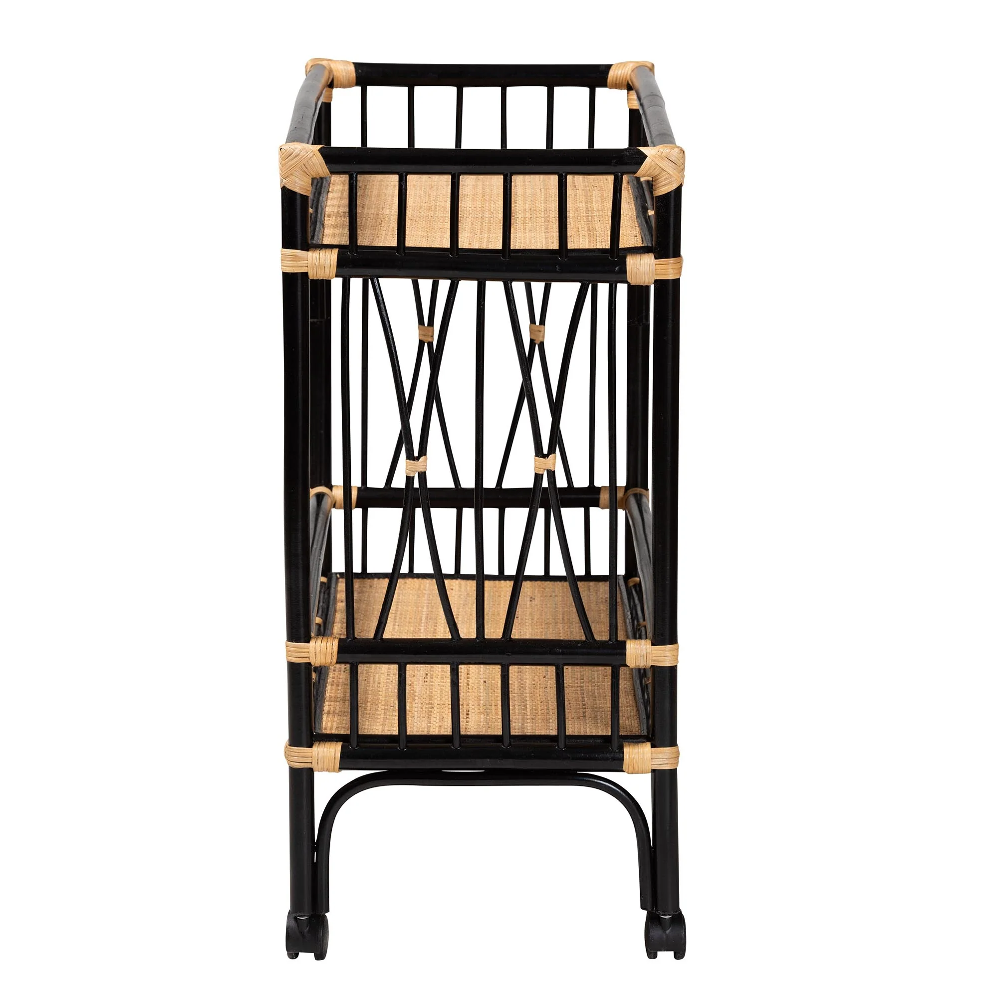 Baxton Studio bali & pari Dalinda Modern Bohemian Two-Tone Black and Natural Brown Rattan 2-Tier Kitchen Cart - Image 4