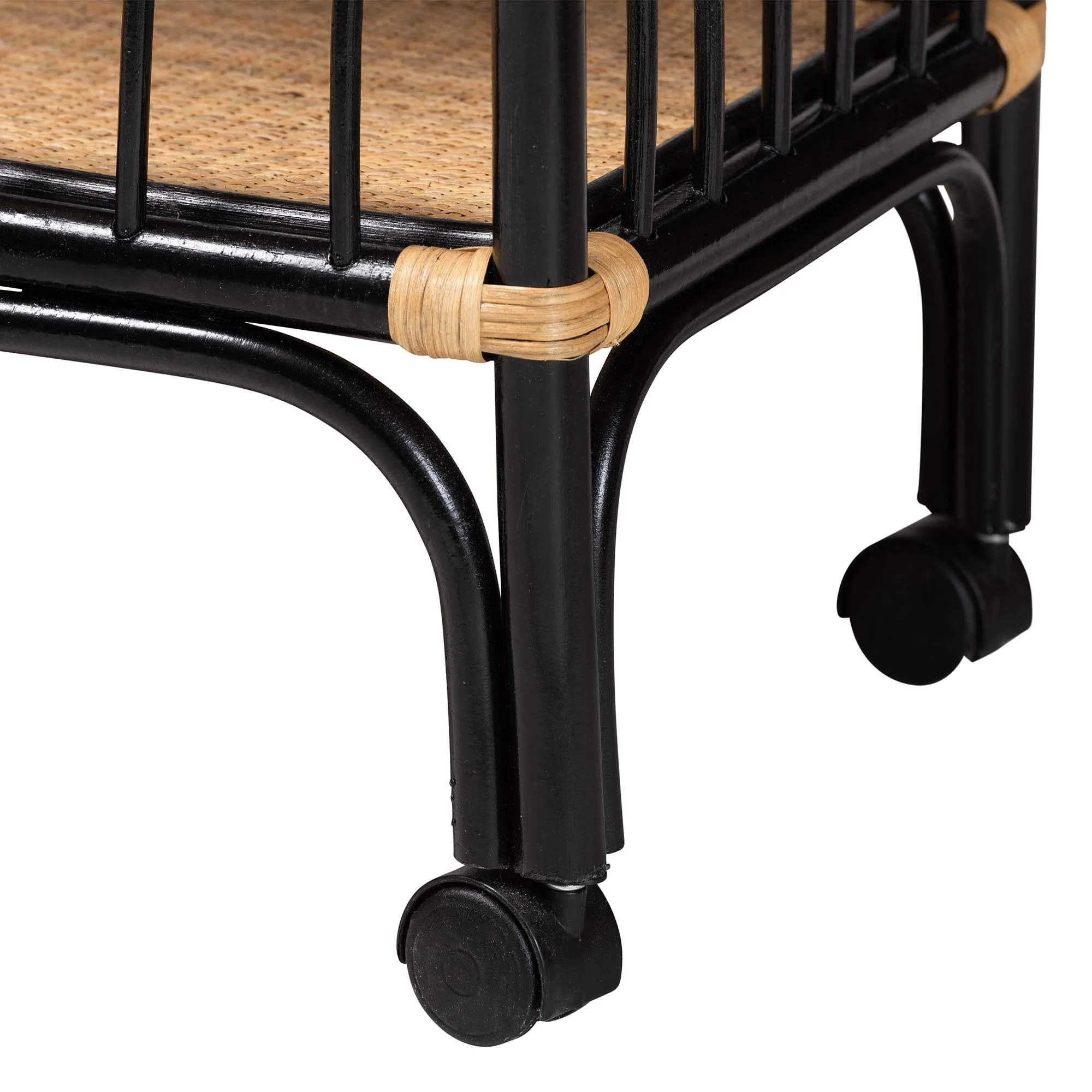 Baxton Studio bali & pari Dalinda Modern Bohemian Two-Tone Black and Natural Brown Rattan 2-Tier Kitchen Cart - Image 5