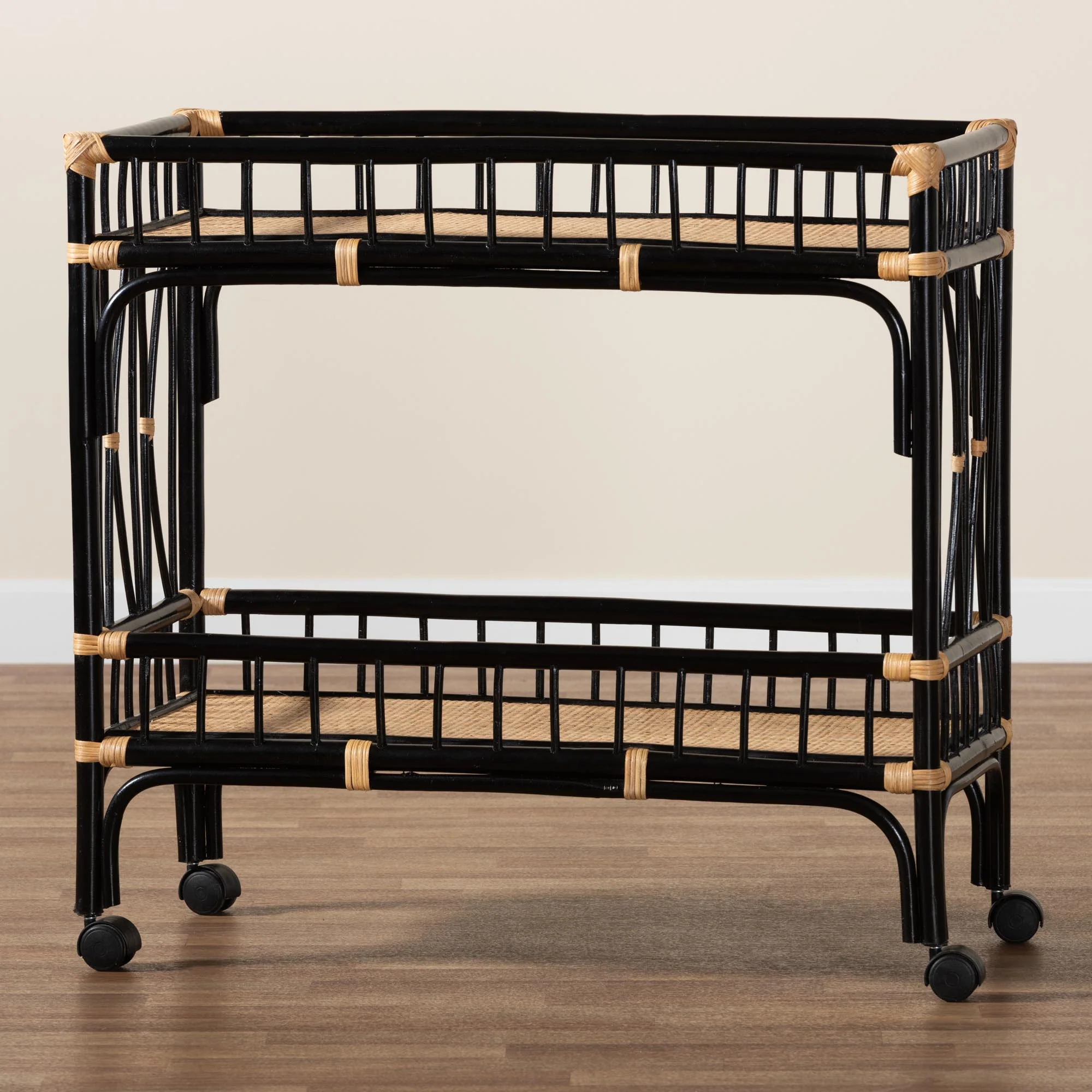 Baxton Studio bali & pari Dalinda Modern Bohemian Two-Tone Black and Natural Brown Rattan 2-Tier Kitchen Cart - Image 7