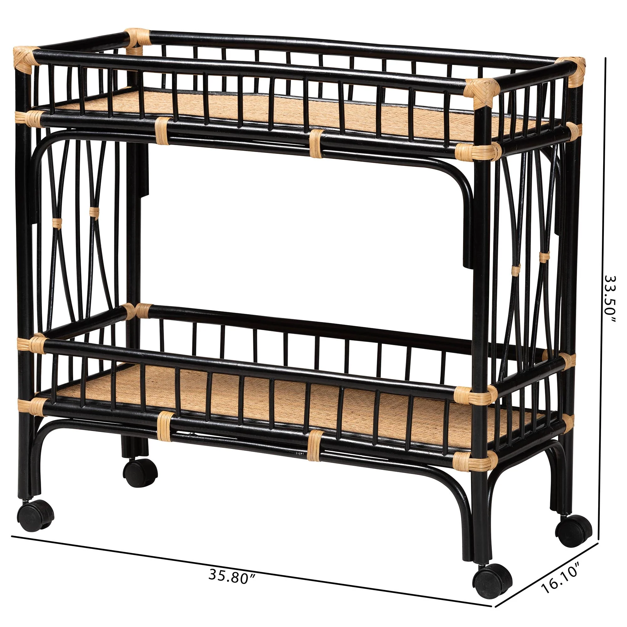 Baxton Studio bali & pari Dalinda Modern Bohemian Two-Tone Black and Natural Brown Rattan 2-Tier Kitchen Cart - Image 8