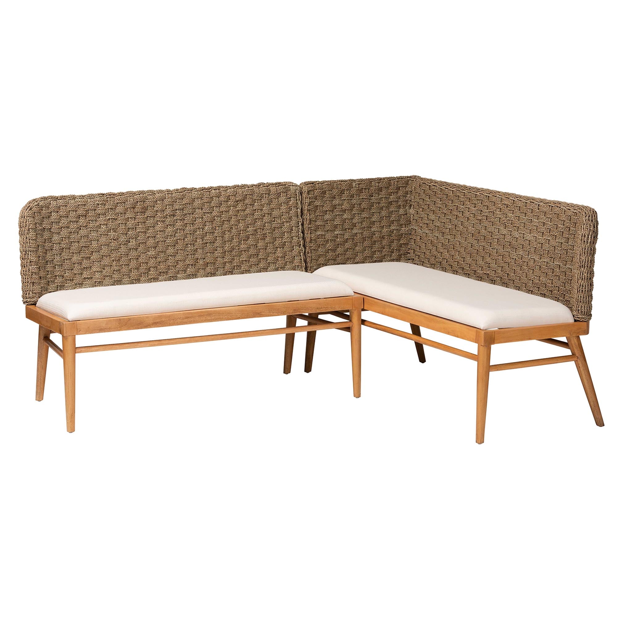 Baxton Studio bali & pari Denver Modern Bohemian Natural Seagrass and Acacia Wood 2-Piece Dining Nook Banquette Set - Image 4