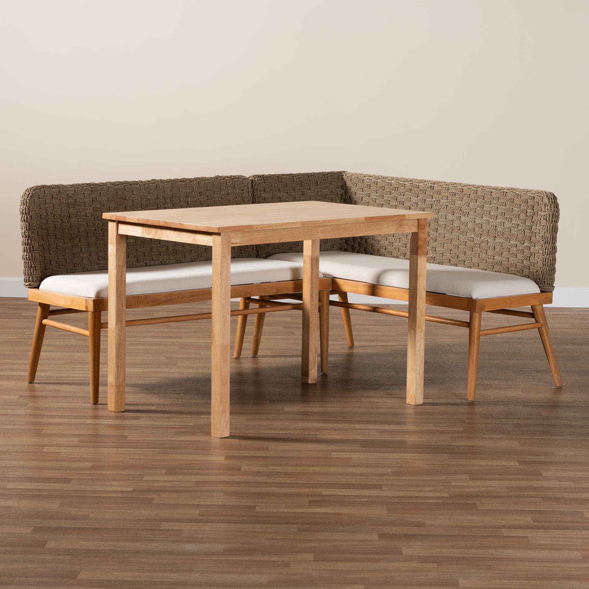 Baxton Studio bali & pari Denver Modern Bohemian Natural Seagrass and Acacia Wood 3-Piece Dining Nook Set - Image 3