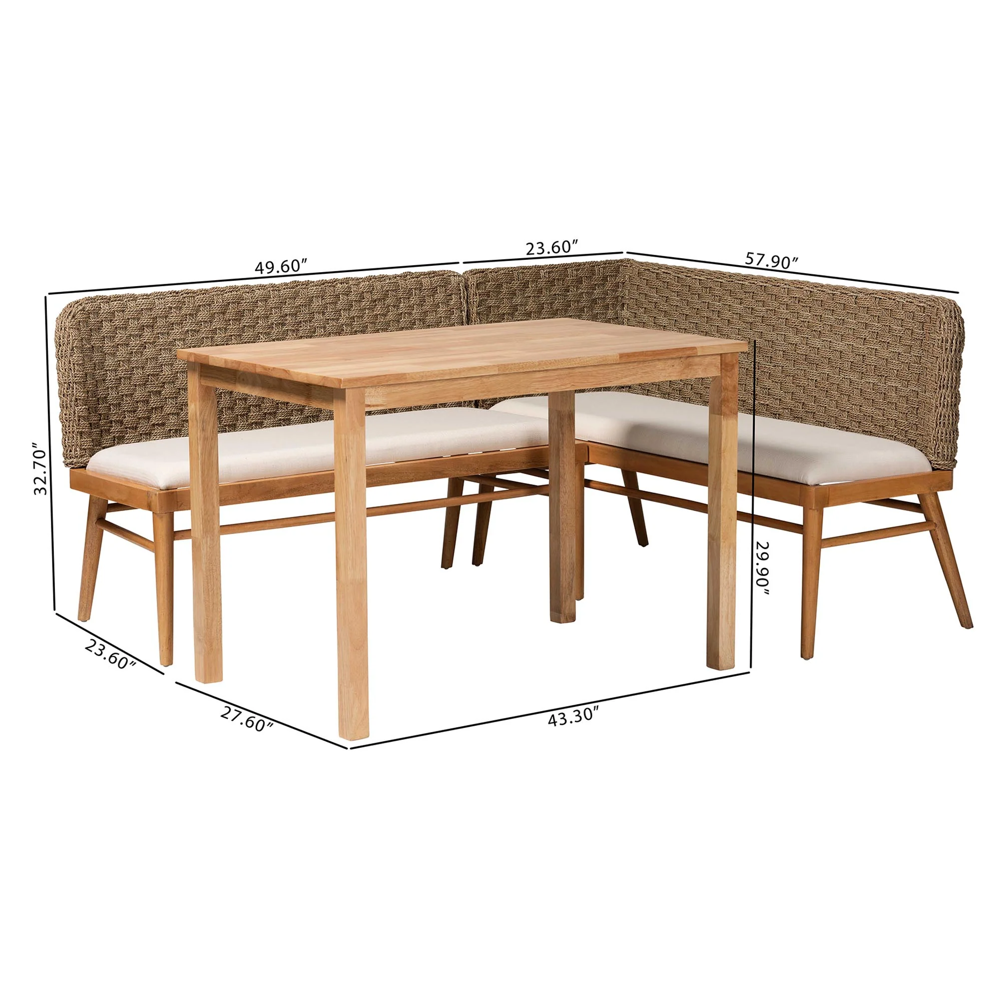 Baxton Studio bali & pari Denver Modern Bohemian Natural Seagrass and Acacia Wood 3-Piece Dining Nook Set - Image 4