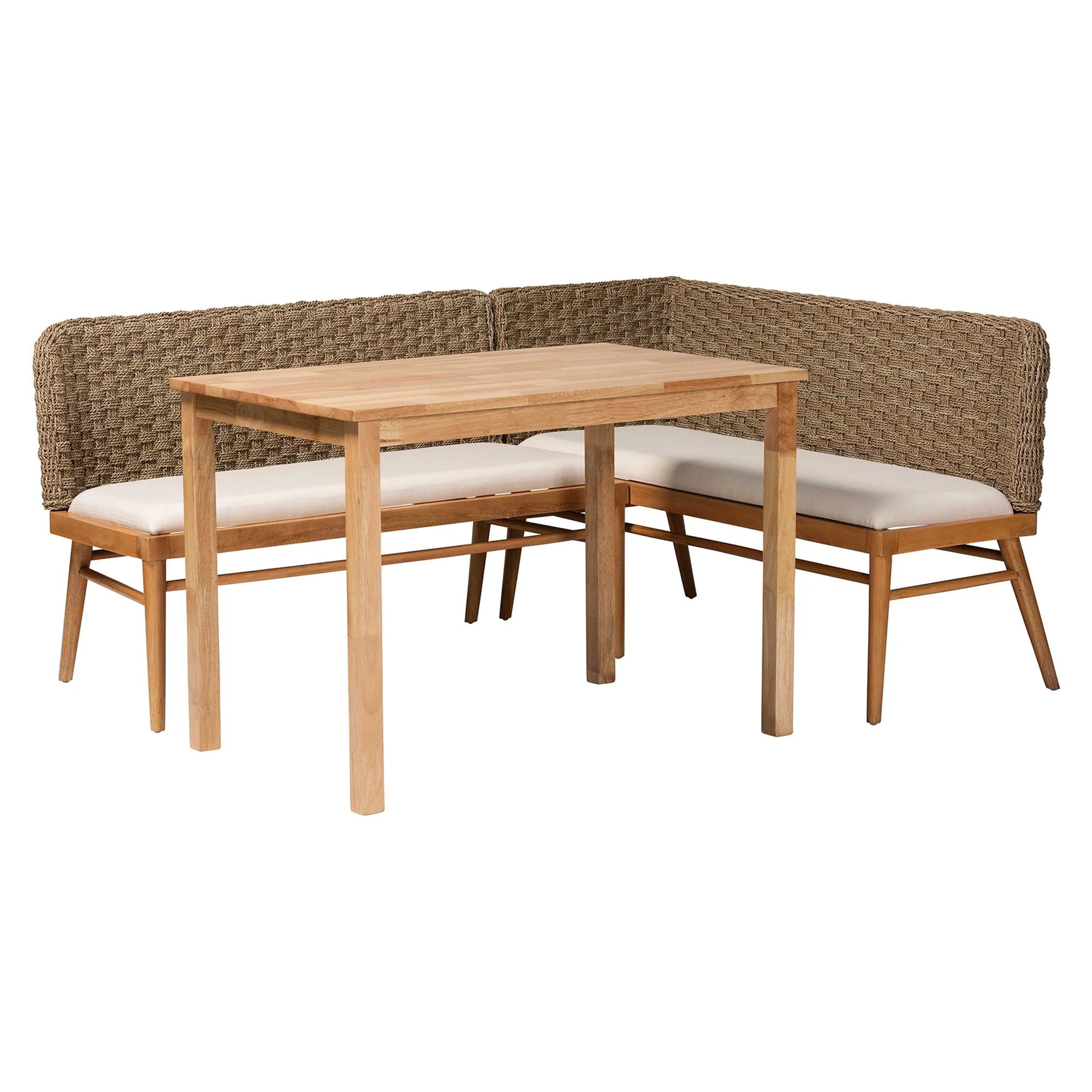 Baxton Studio bali & pari Denver Modern Bohemian Natural Seagrass and Acacia Wood 3-Piece Dining Nook Set - Image 5