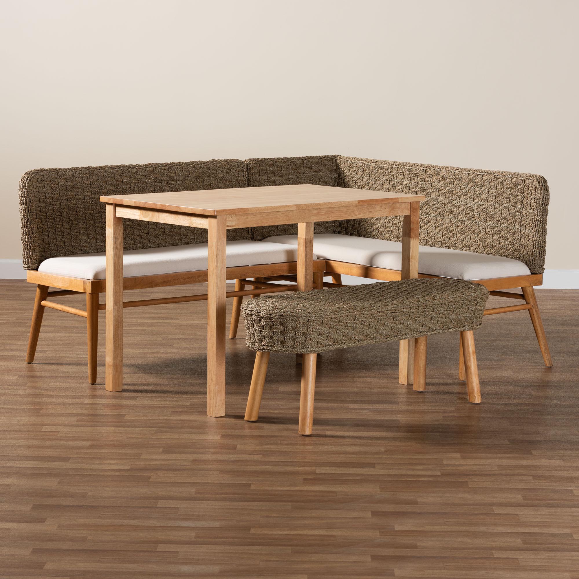 Baxton Studio bali & pari Denver Modern Bohemian Natural Seagrass and Acacia Wood 4-Piece Dining Nook Set - Image 4