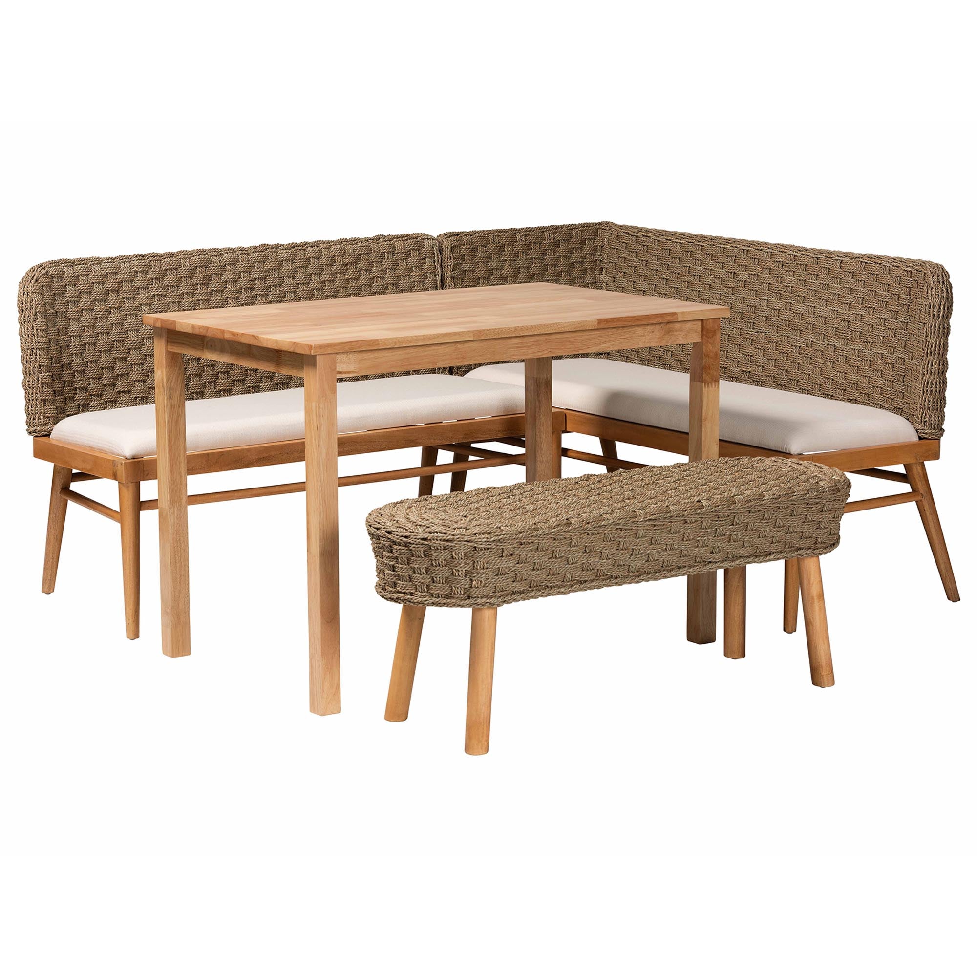 Baxton Studio bali & pari Denver Modern Bohemian Natural Seagrass and Acacia Wood 4-Piece Dining Nook Set - Image 5