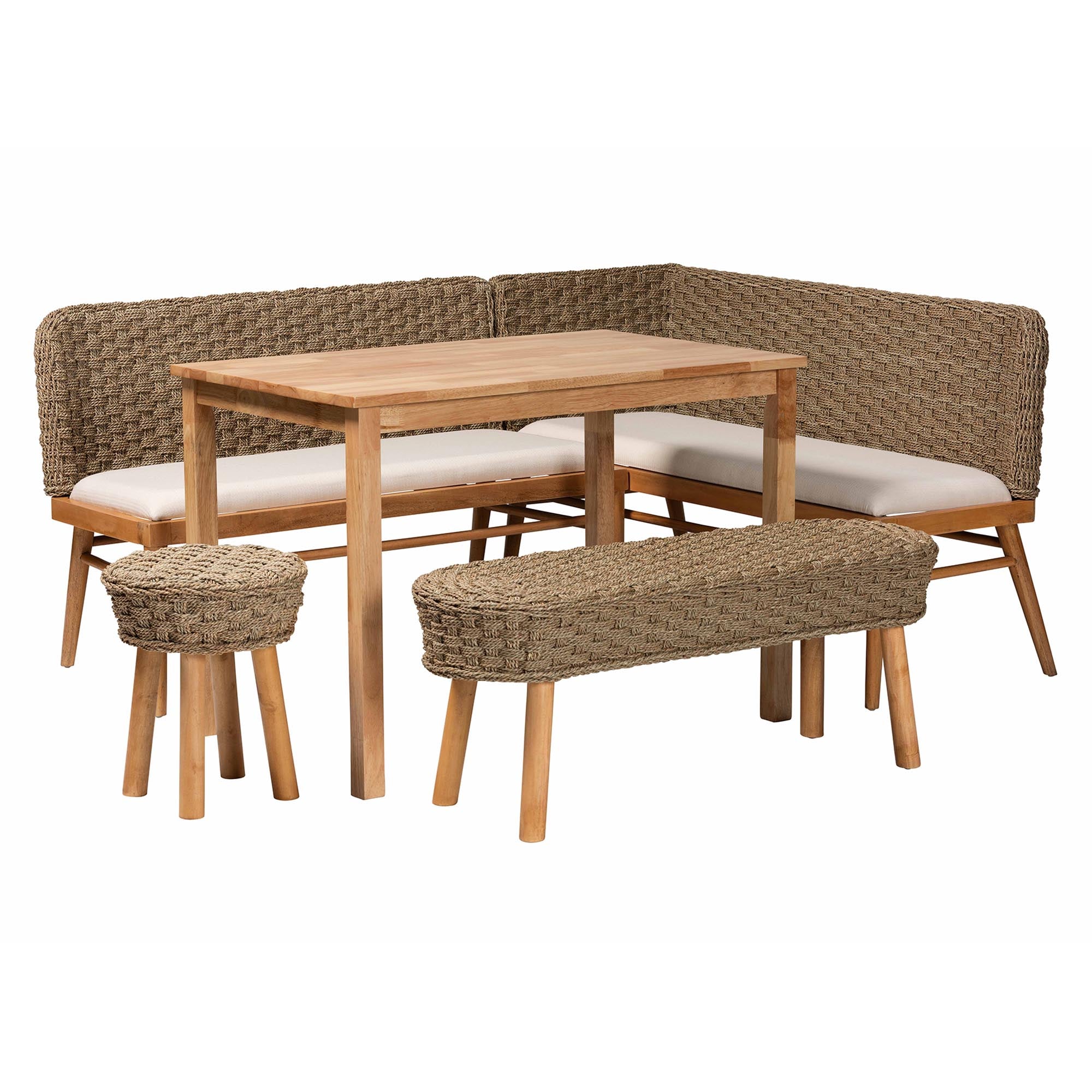 Baxton Studio bali & pari Denver Modern Bohemian Natural Seagrass and Acacia Wood 5-Piece Dining Nook Set - Image 5