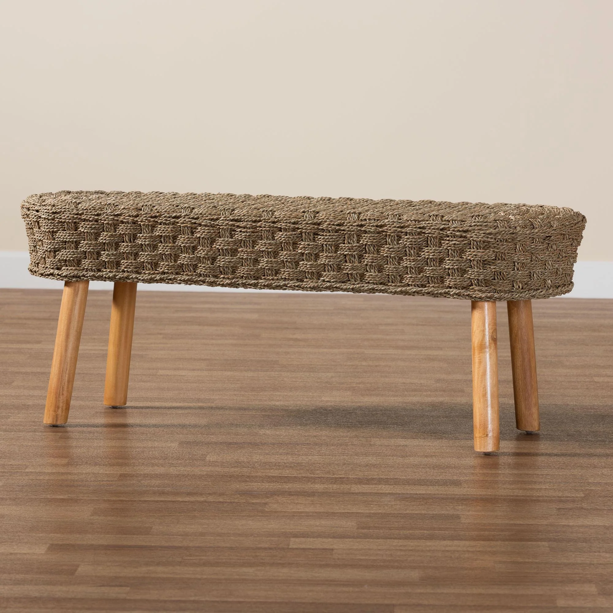 Baxton Studio bali & pari Denver Modern Bohemian Natural Seagrass and Acacia Wood Accent Bench - Image 9