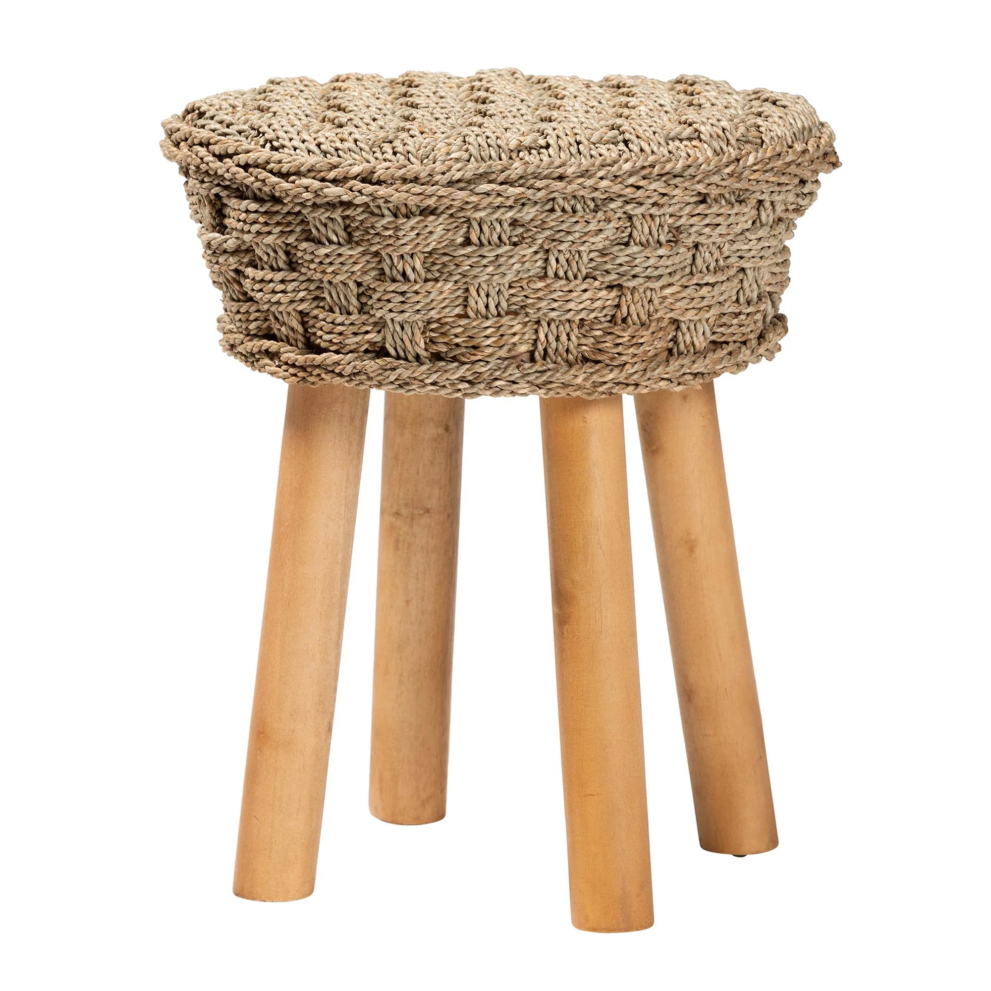 Baxton Studio bali & pari Denver Modern Bohemian Natural Seagrass and Acacia Wood Stool - Image 2