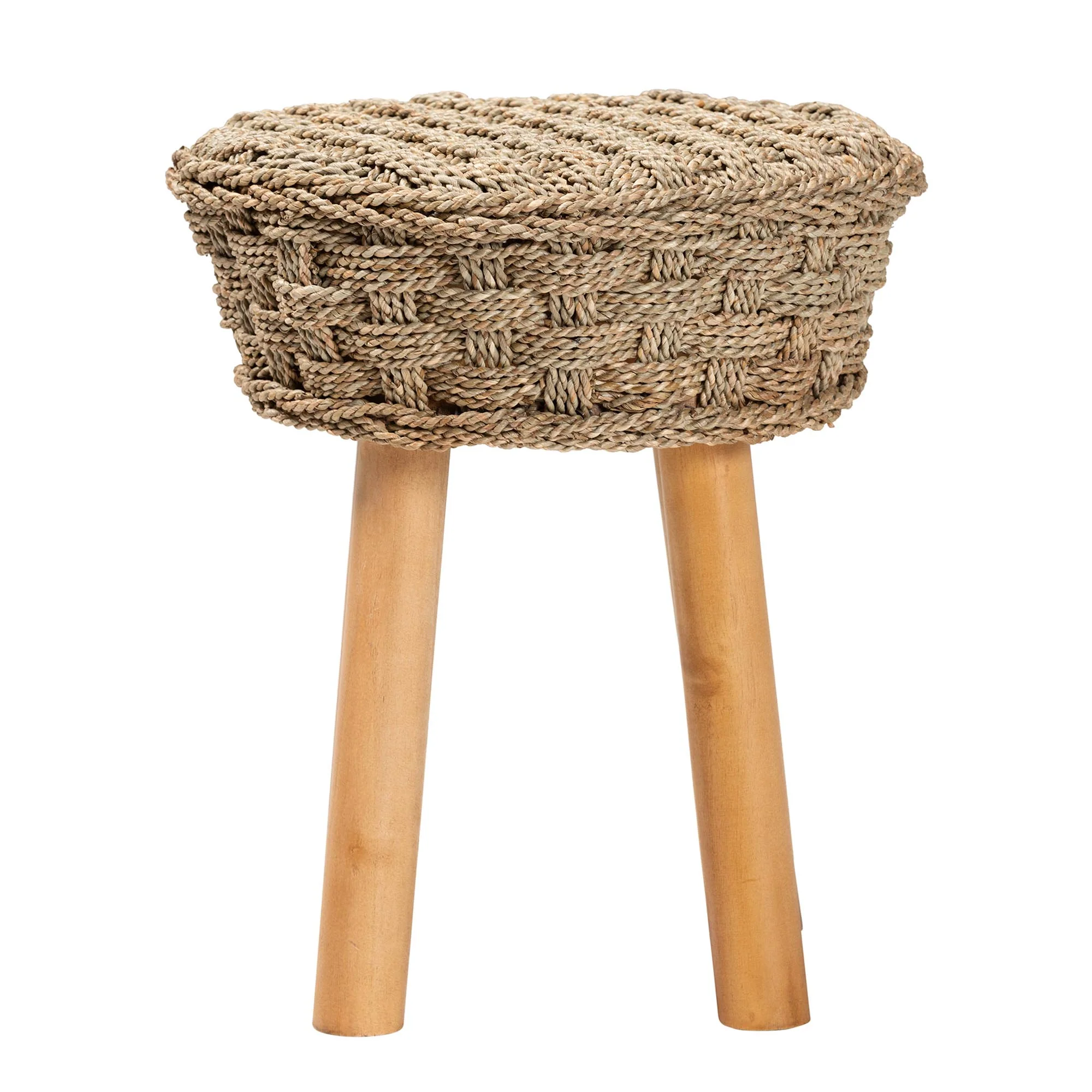 Baxton Studio bali & pari Denver Modern Bohemian Natural Seagrass and Acacia Wood Stool - Image 3