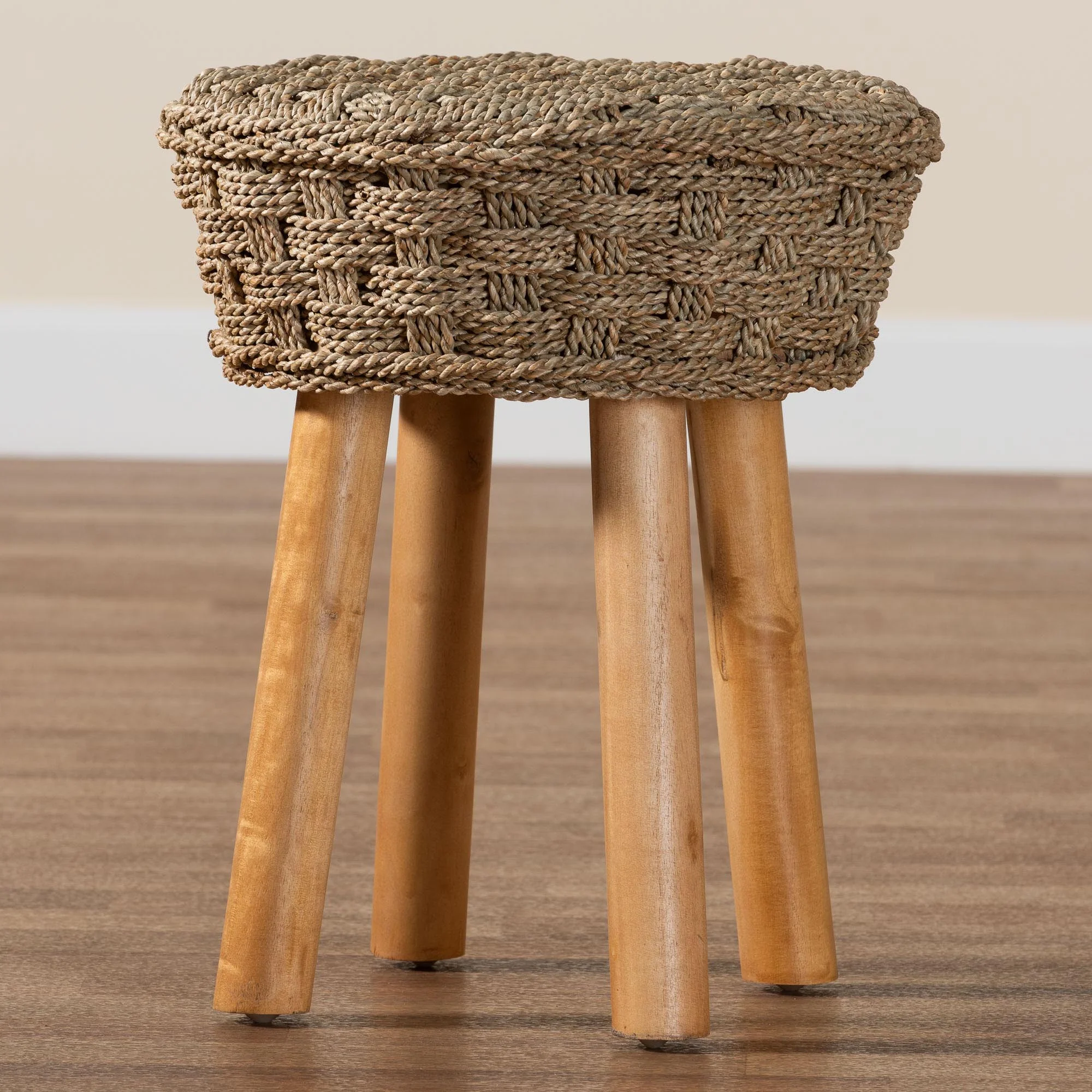 Baxton Studio bali & pari Denver Modern Bohemian Natural Seagrass and Acacia Wood Stool - Image 7