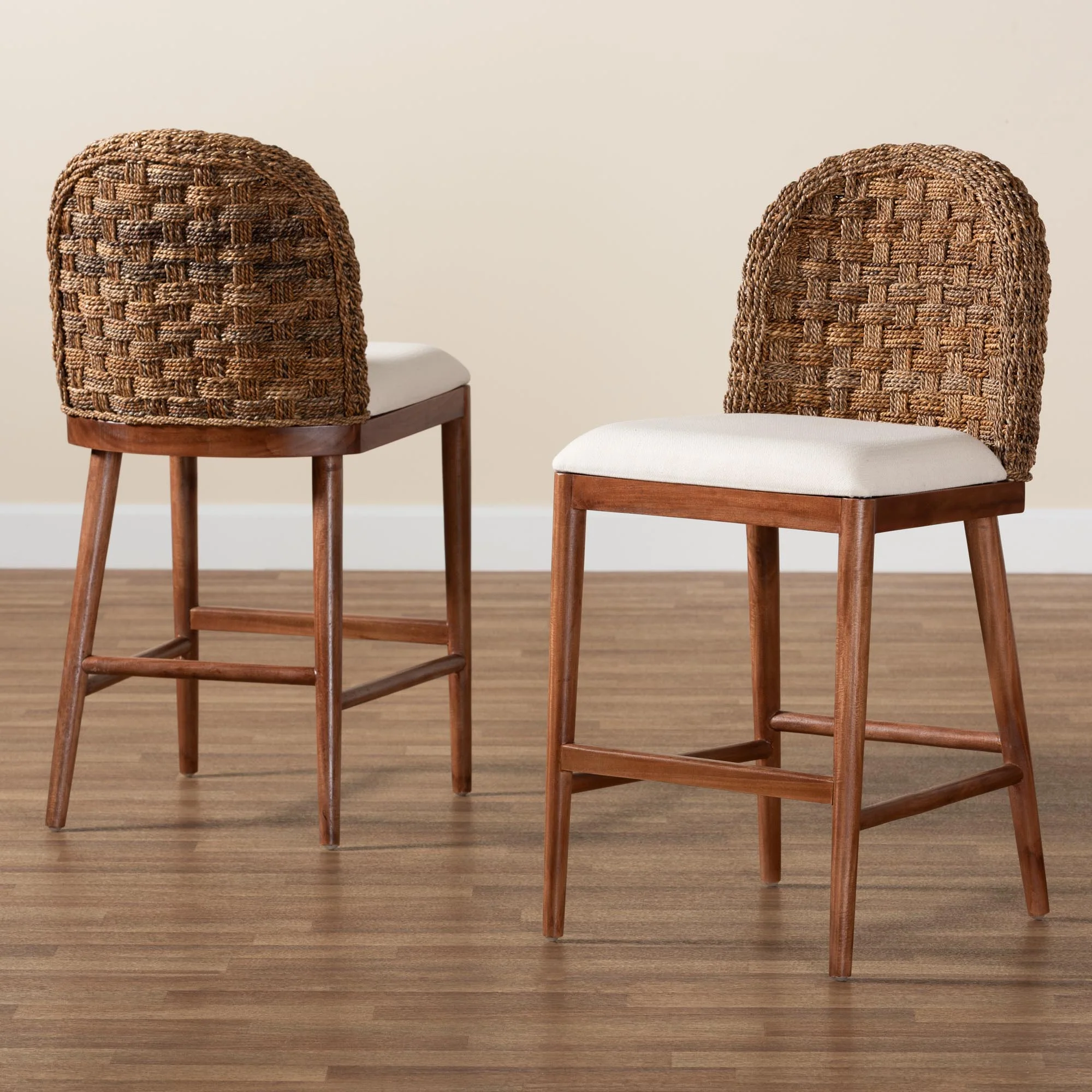 Baxton Studio bali & pari Denver Modern Bohemian Walnut Brown Finished Acacia Wood and Seagrass 2-Piece Counter Stool Set - Image 2
