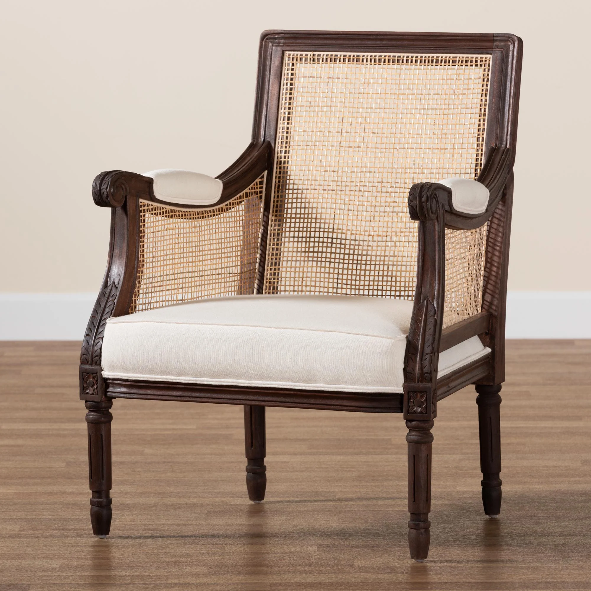 Baxton Studio bali & pari Desmond Traditional French Beige Fabric and Dark Brown Finished Wood Accent Chair - Image 2