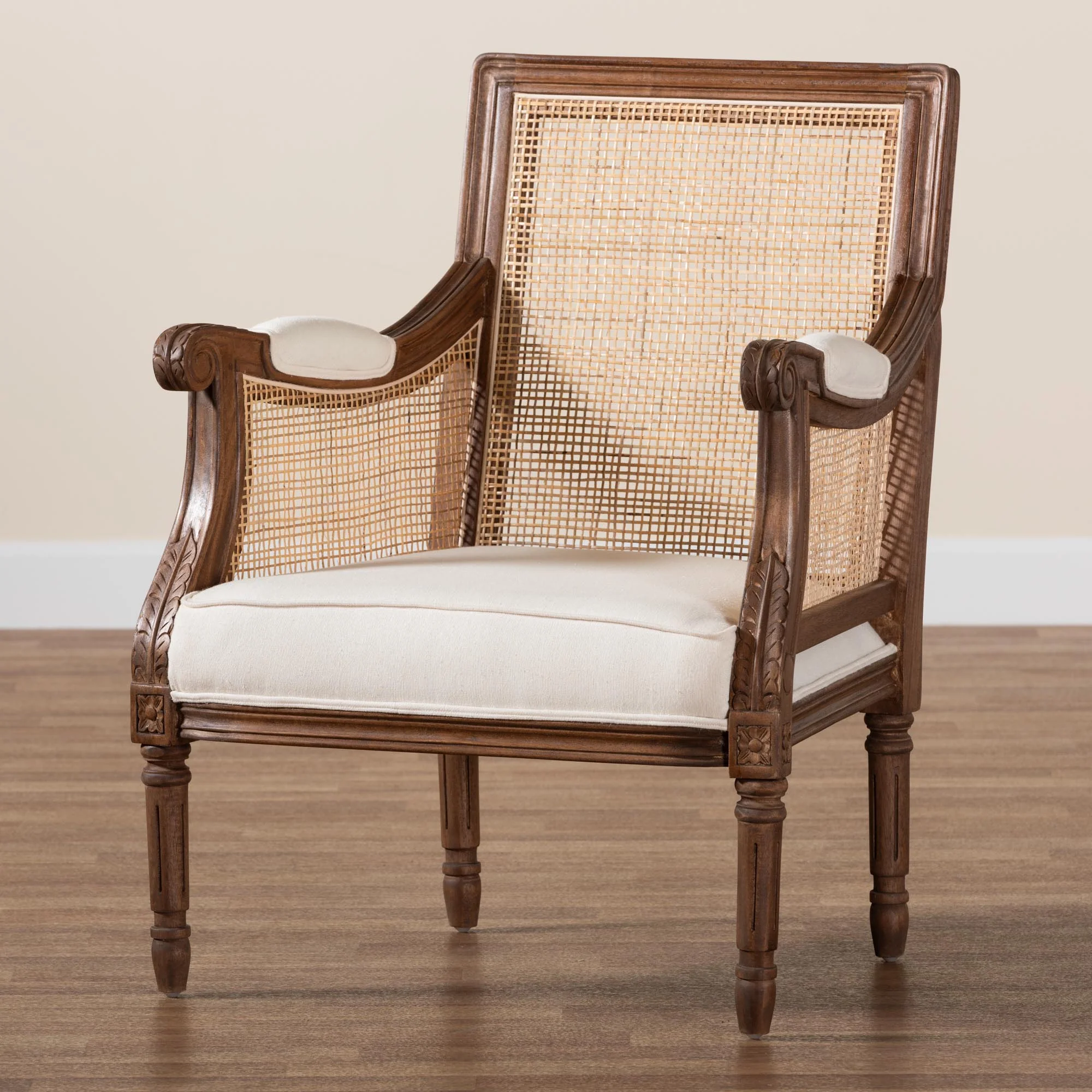 Baxton Studio bali & pari Desmond Traditional French Beige Fabric and Walnut Brown Finished Wood Accent Chair - Image 2