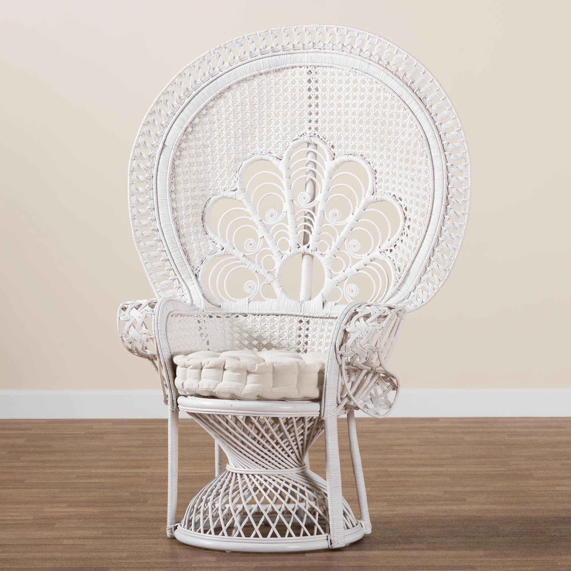 Baxton Studio bali & pari Ediva Modern Bohemian White Natural Rattan Peacock Accent Chair - Image 9