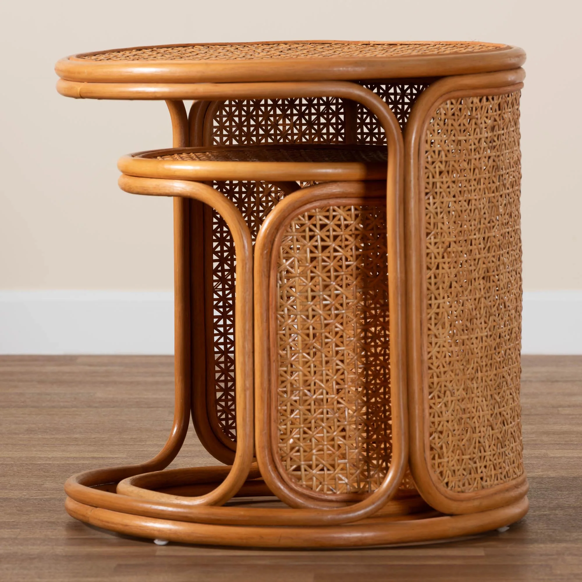 Baxton Studio bali & pari Eldon Bohemian Honey Rattan 2-Piece Nesting End Table Set - Image 8