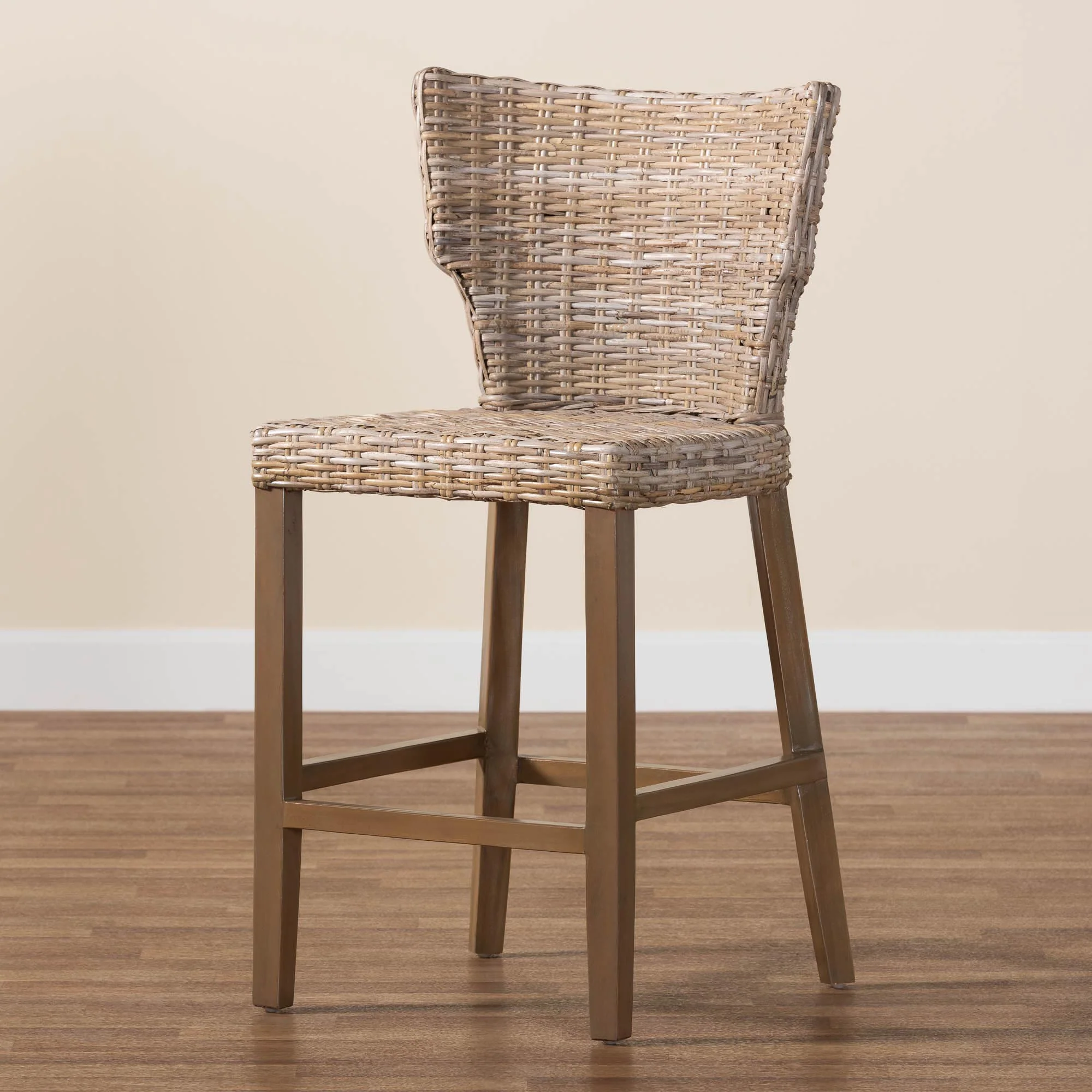 Baxton Studio bali & pari Enver Modern Bohemian Grey Kubu Rattan and Mahogany Wood Counter Stool - Image 2