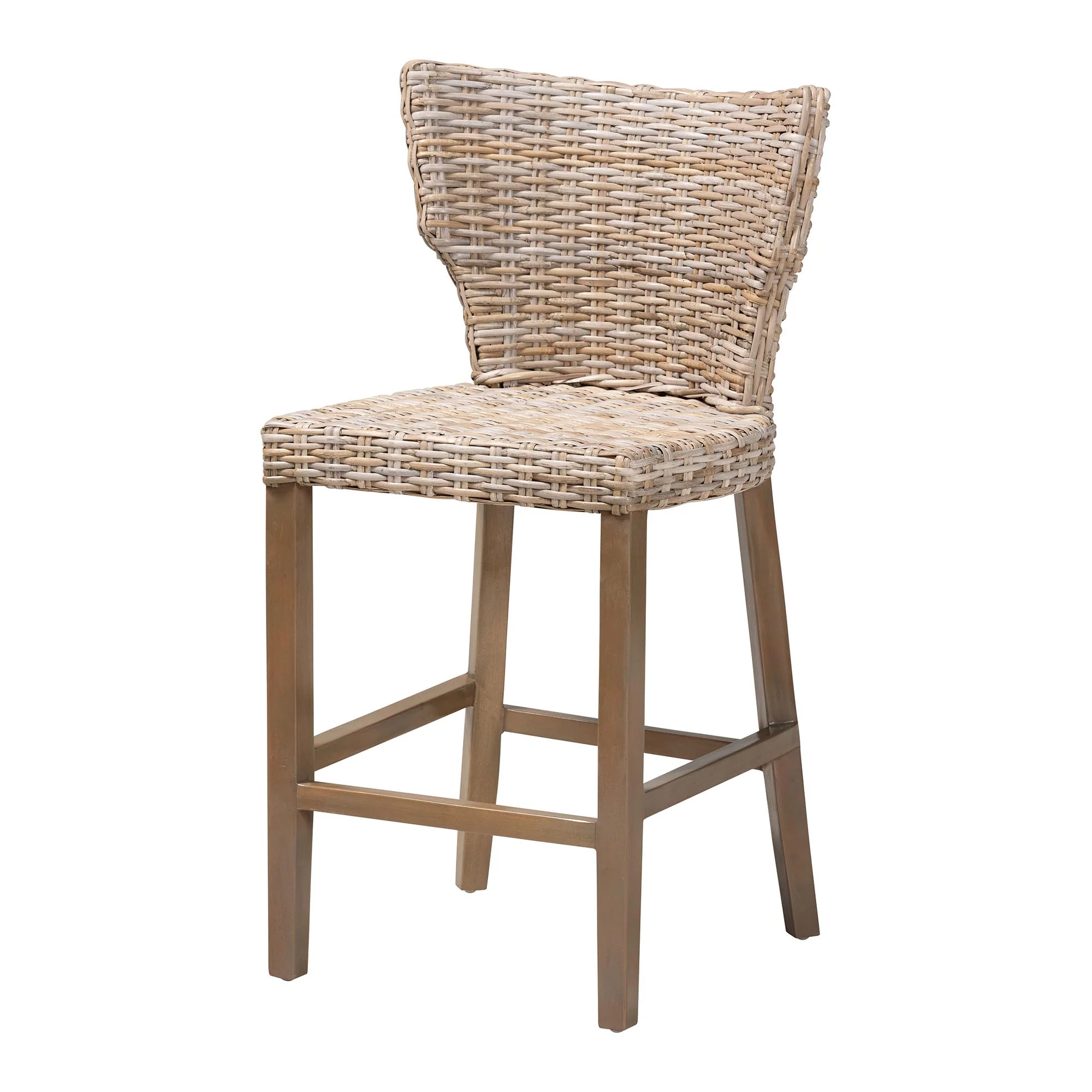 Baxton Studio bali & pari Enver Modern Bohemian Grey Kubu Rattan and Mahogany Wood Counter Stool - Image 4