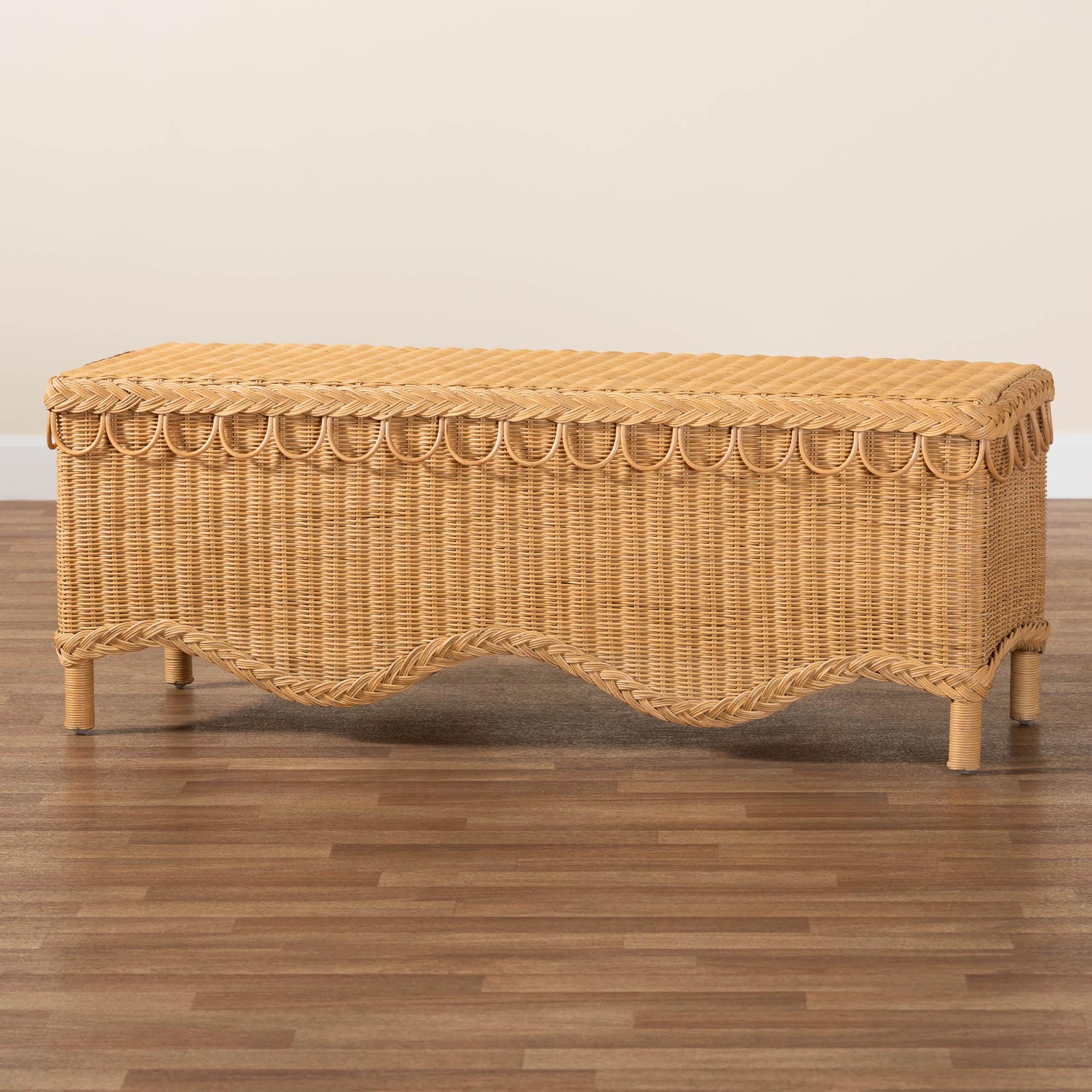 Baxton Studio bali & pari Erla Bohemian Light Honey Rattan Accent Bench with Scallop border - Image 2