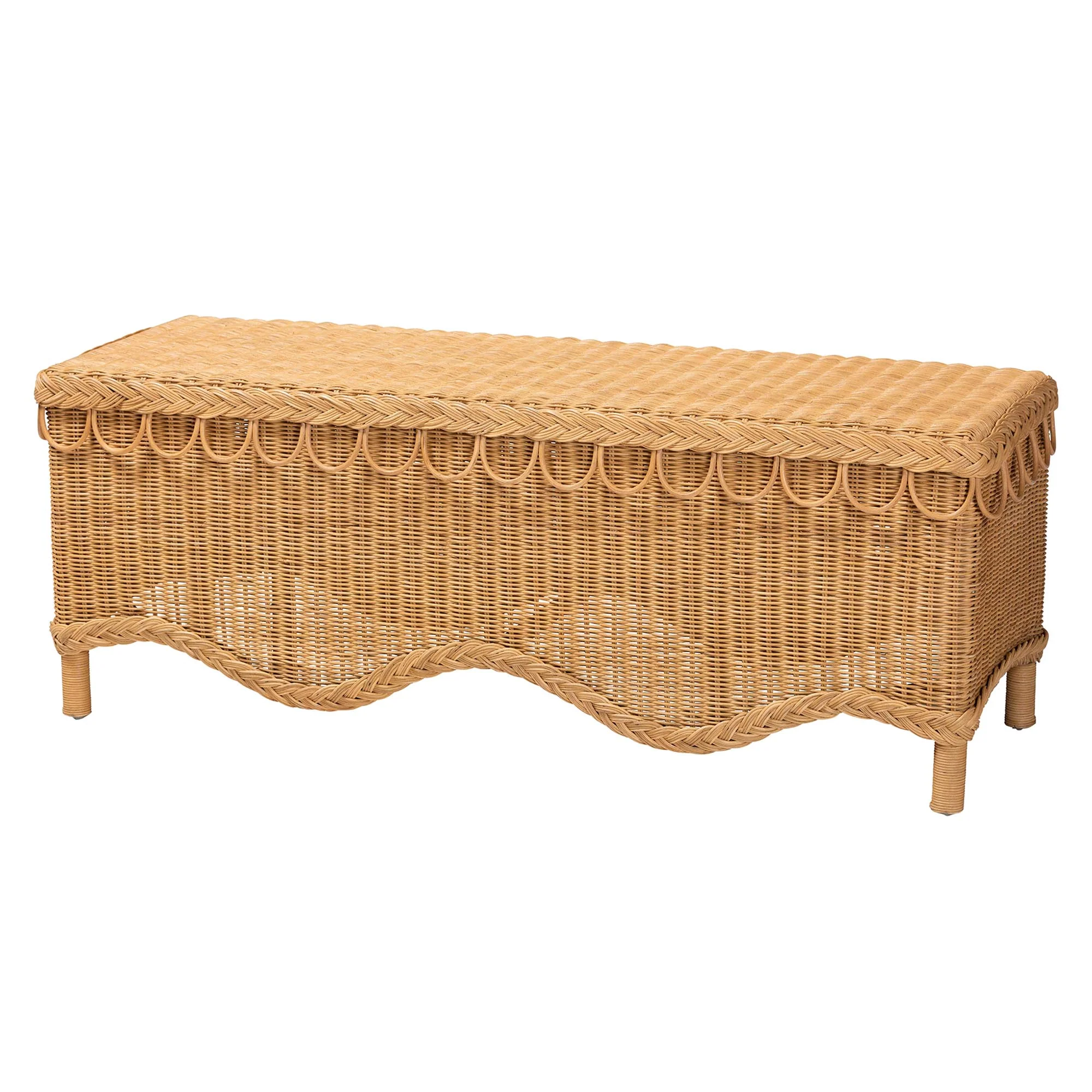 Baxton Studio bali & pari Erla Bohemian Light Honey Rattan Accent Bench with Scallop border - Image 4