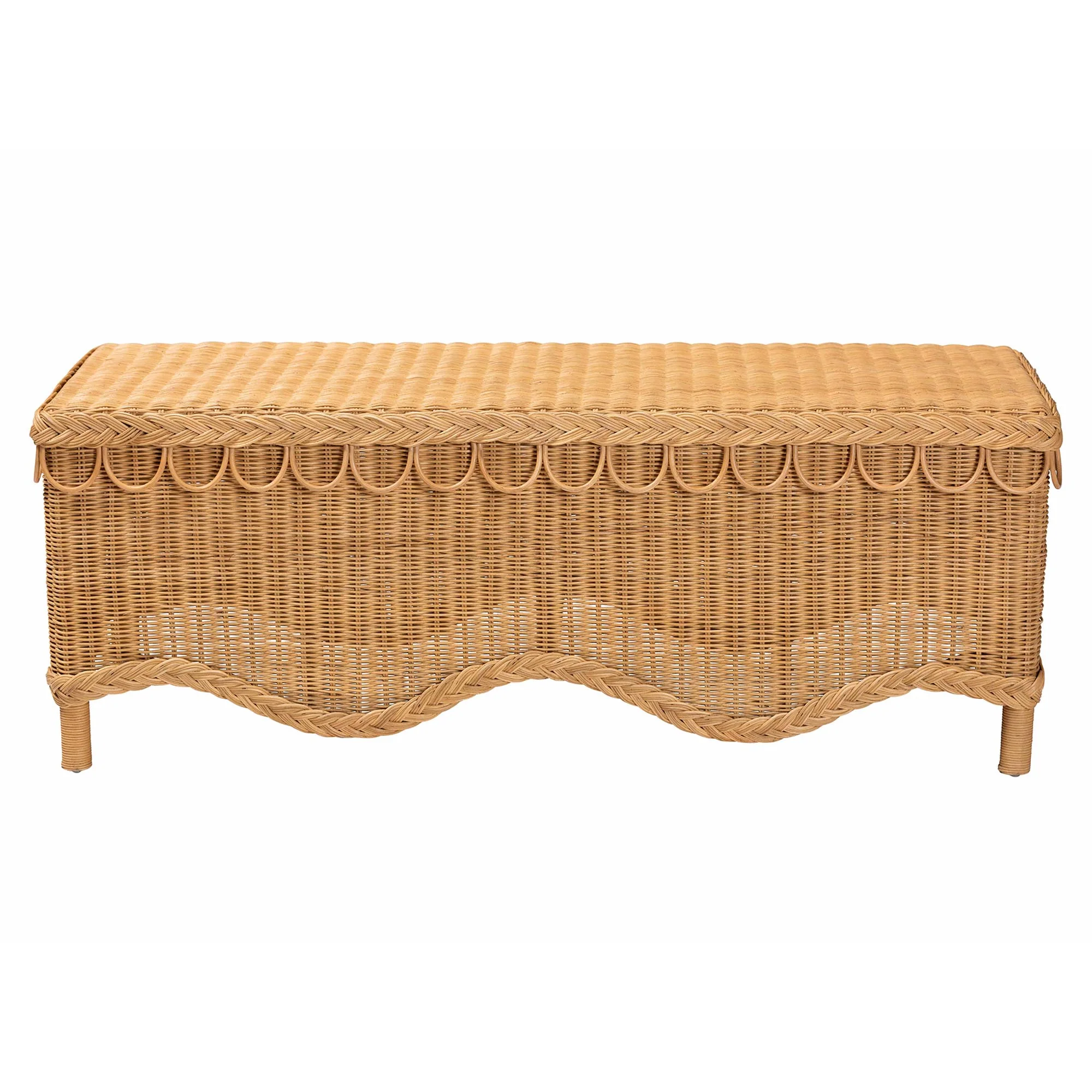 Baxton Studio bali & pari Erla Bohemian Light Honey Rattan Accent Bench with Scallop border - Image 5