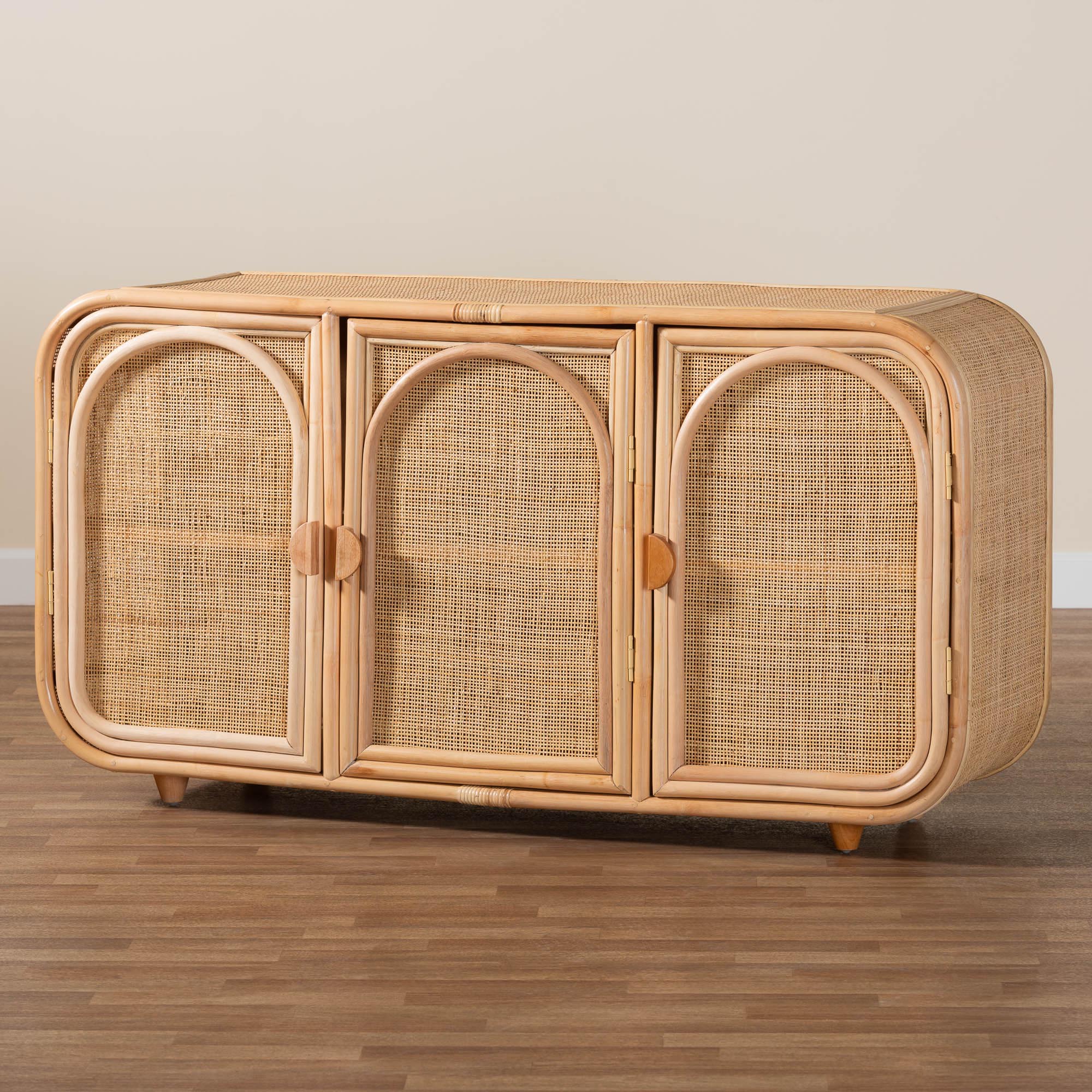Baxton Studio bali & pari Evania Bohemian Natural Rattan 3-Door Storage Cabinet - Image 9