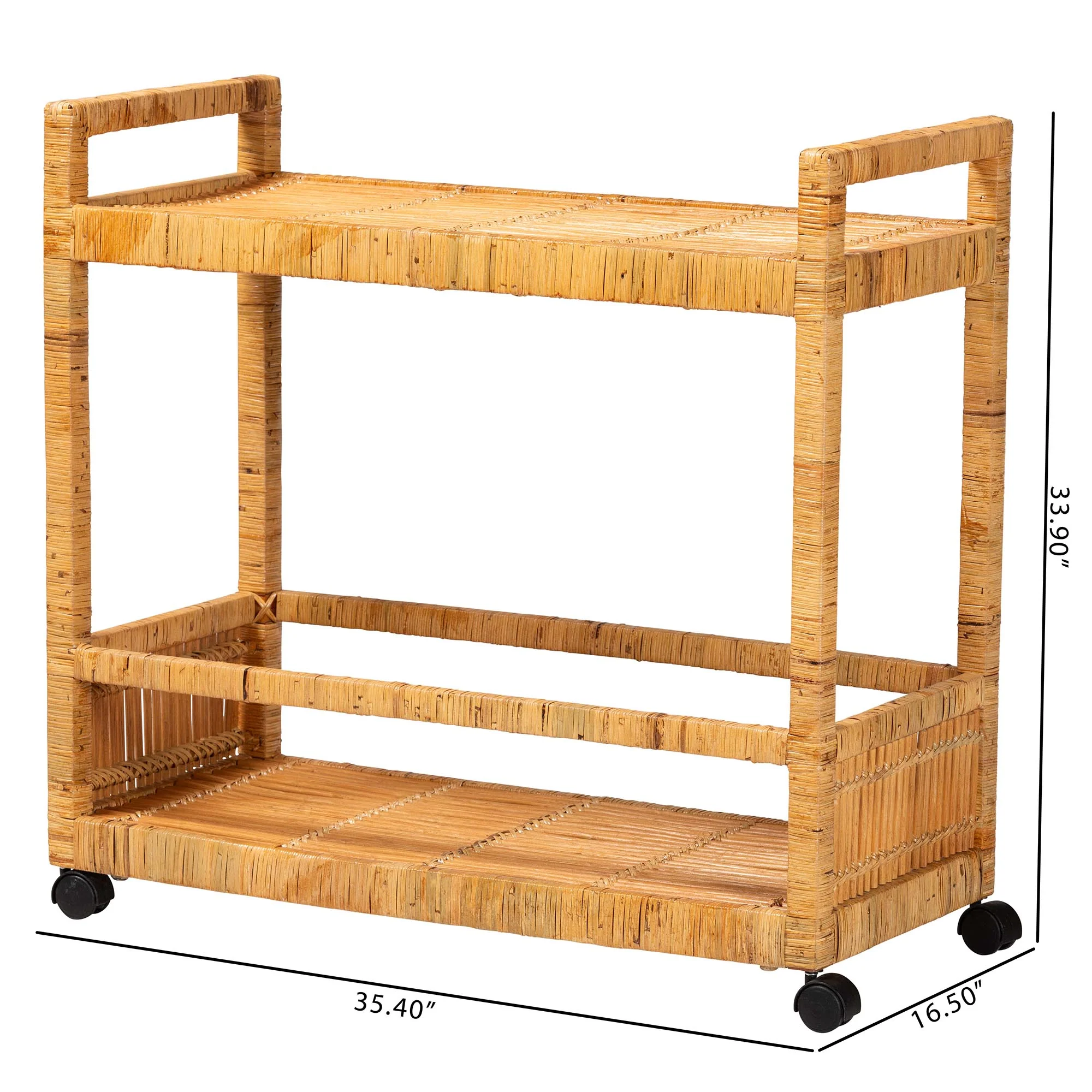Baxton Studio bali & pari Genet Modern Bohemian Natural Brown Rattan and Teak Wood 2-Tier Kitchen Cart - Image 2