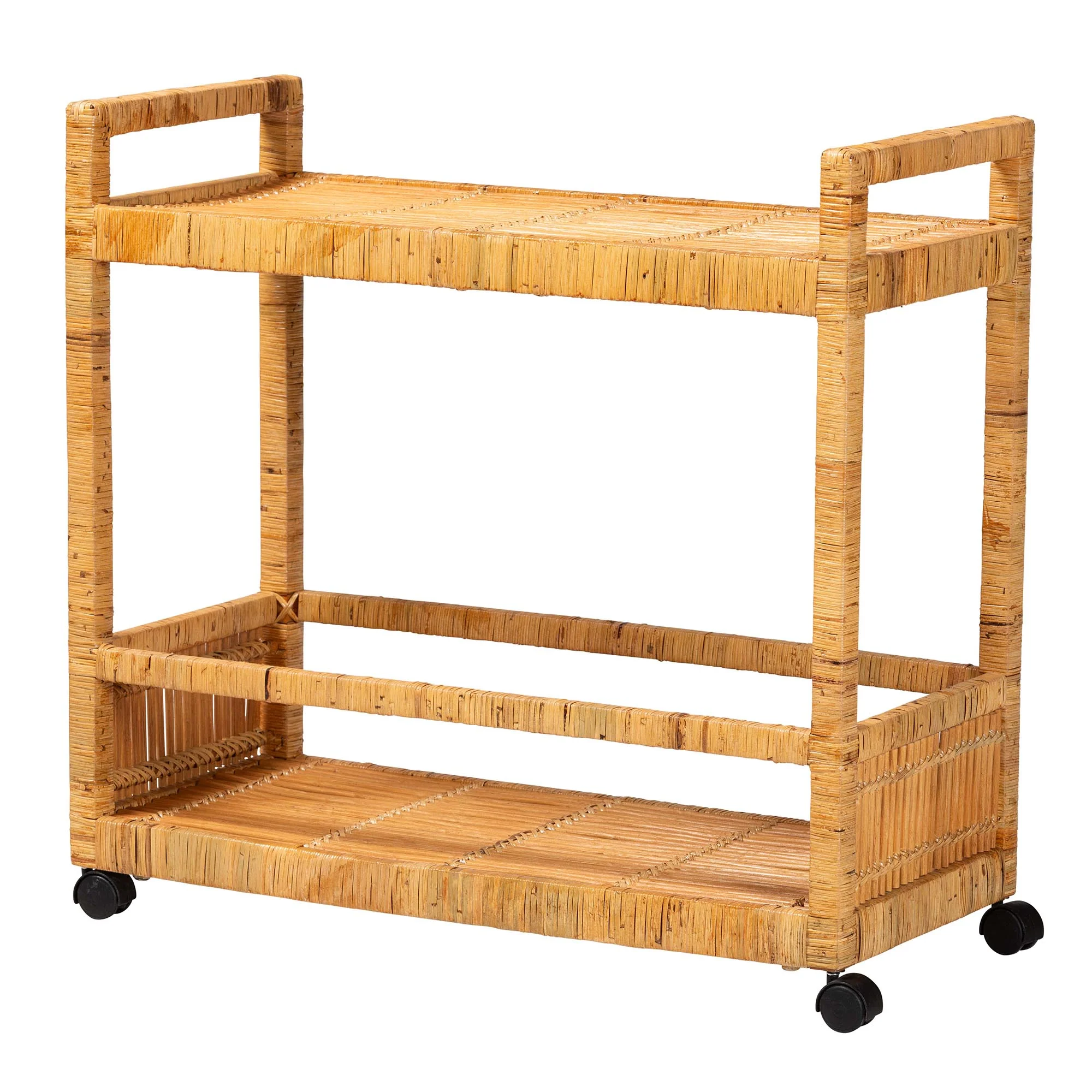 Baxton Studio bali & pari Genet Modern Bohemian Natural Brown Rattan and Teak Wood 2-Tier Kitchen Cart - Image 3
