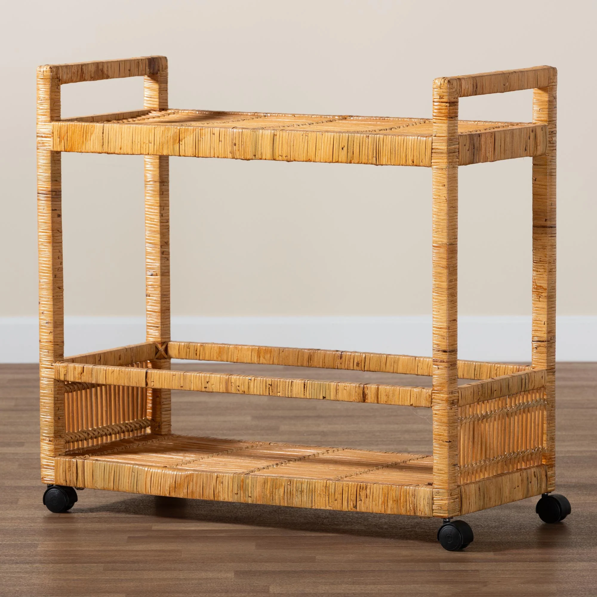 Baxton Studio bali & pari Genet Modern Bohemian Natural Brown Rattan and Teak Wood 2-Tier Kitchen Cart - Image 8