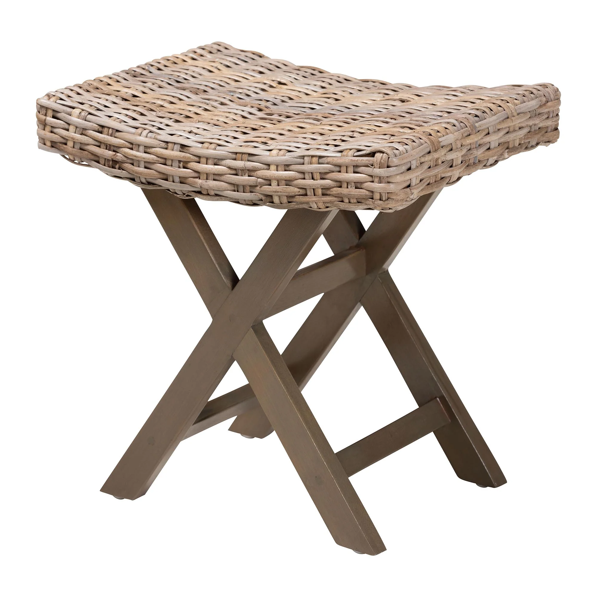 Baxton Studio bali & pari Hayate Bohemian Grey Kubu Rattan and Mahogany Wood Ottoman Footstool - Image 2