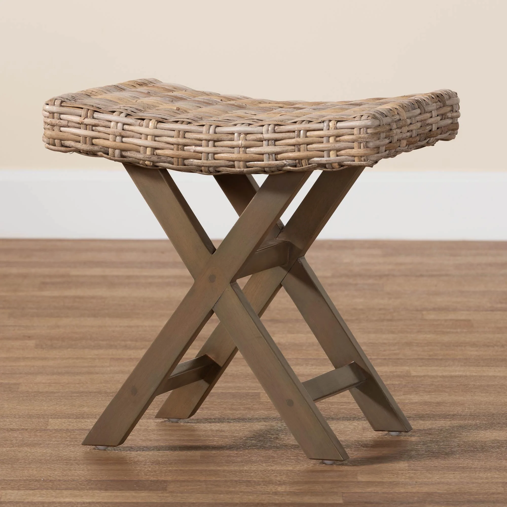 Baxton Studio bali & pari Hayate Bohemian Grey Kubu Rattan and Mahogany Wood Ottoman Footstool - Image 7