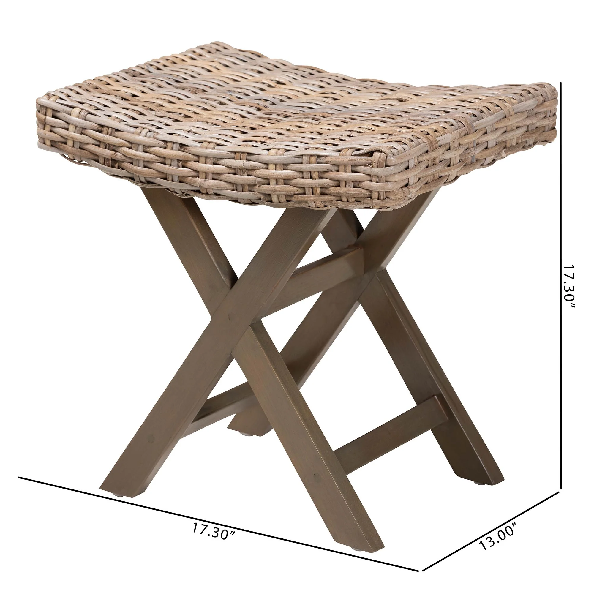 Baxton Studio bali & pari Hayate Bohemian Grey Kubu Rattan and Mahogany Wood Ottoman Footstool - Image 8