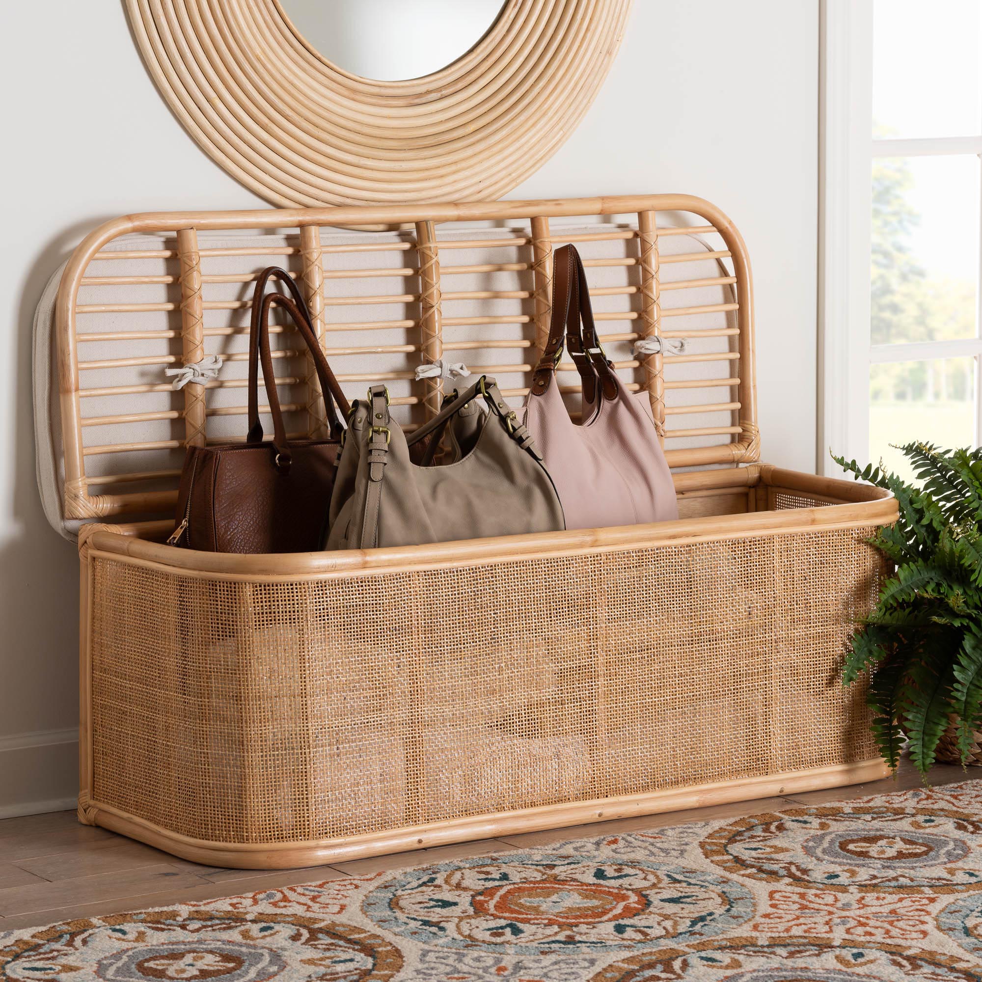 Baxton Studio bali & pari Ishana Bohemian Natural Rattan Storage Bench - Image 9