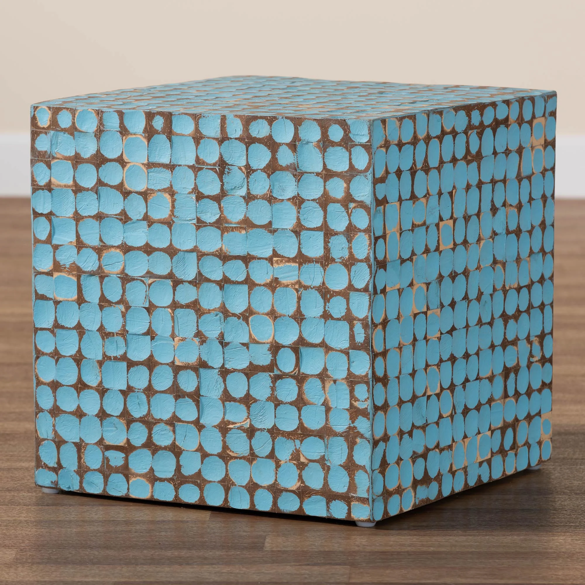 Baxton Studio bali & pari Janella Bohemian Sky Blue Coconut Shell and Acacia Wood End Table - Image 8