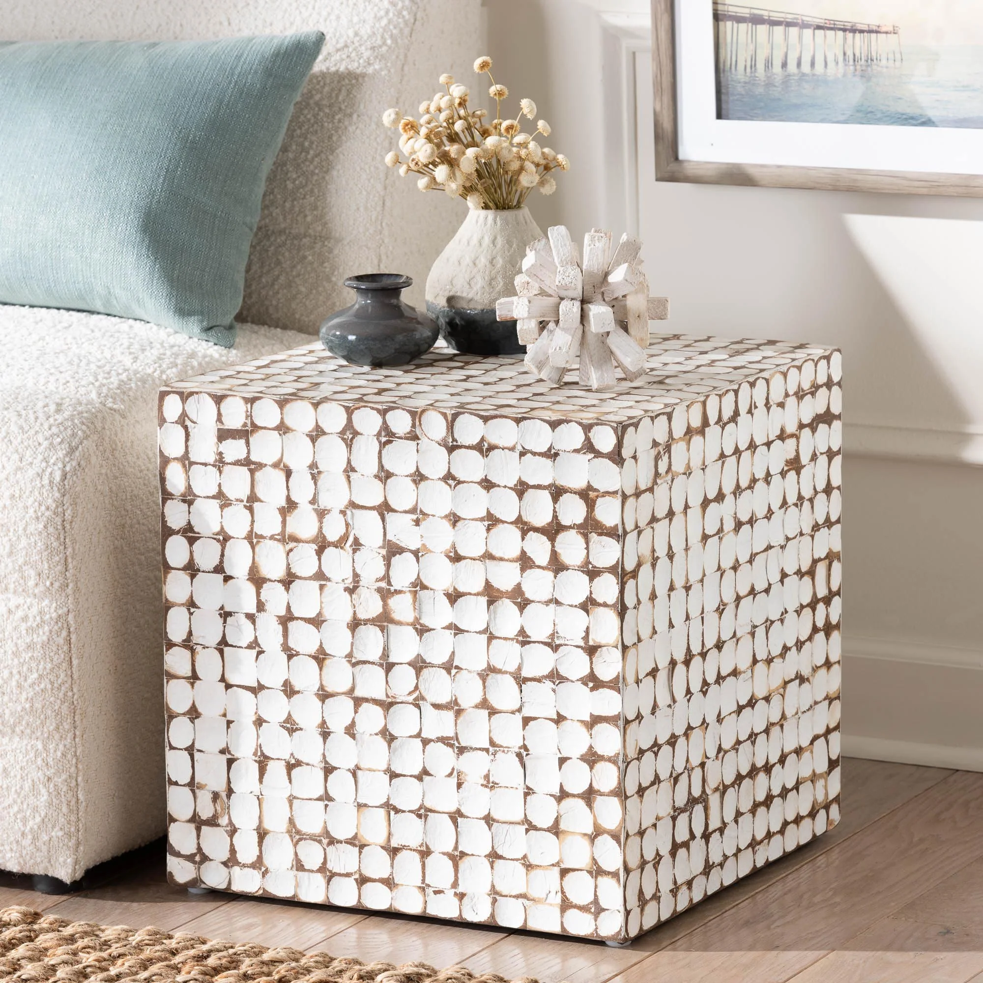 Baxton Studio bali & pari Janella Bohemian Sky Blue Coconut Shell and Acacia Wood End Table - Image 9