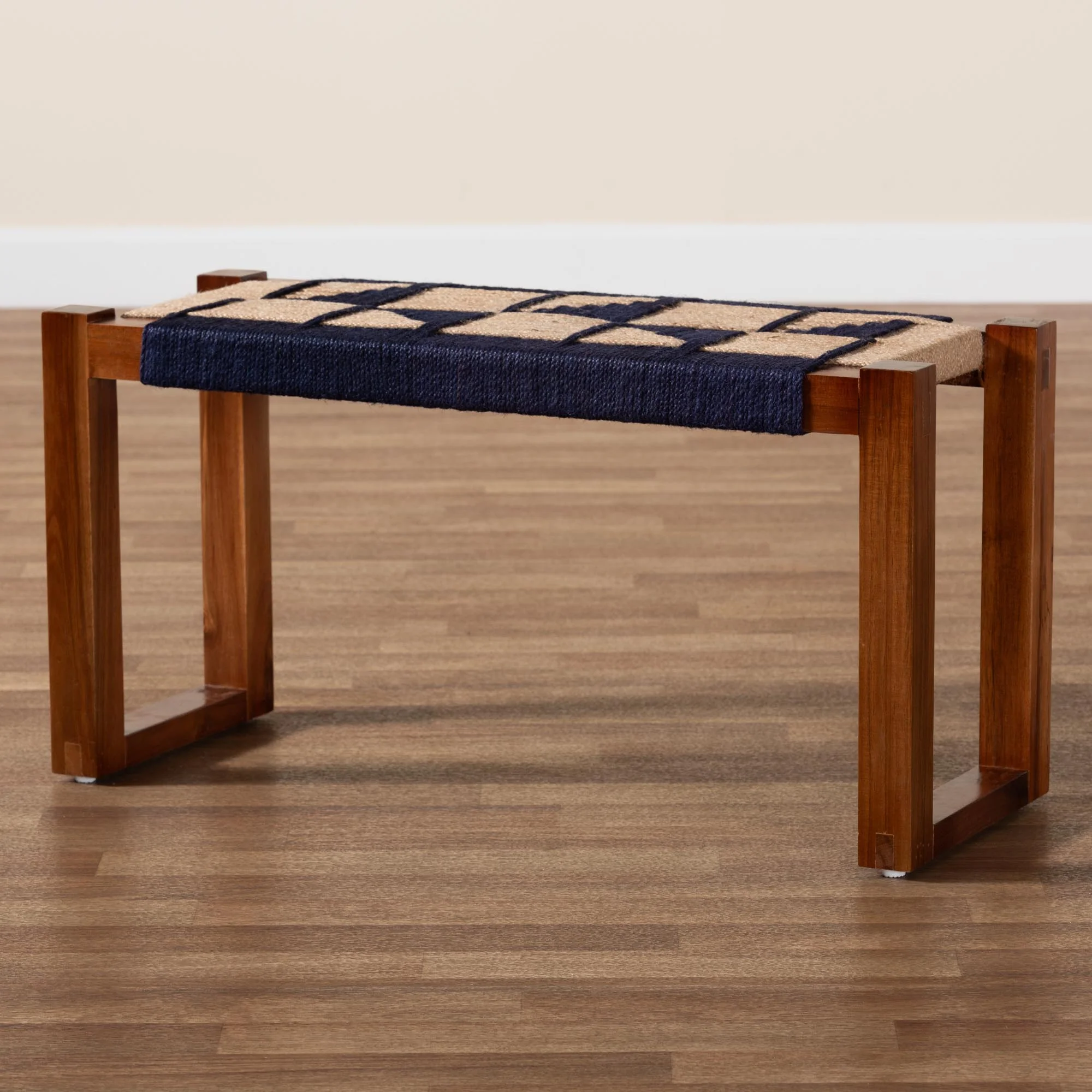 Baxton Studio bali & pari Jerilyn Modern Bohemian Two-Tone Navy Blue and Natura Brown Seagrass and Acacia Wood Accent Bench - Image 7