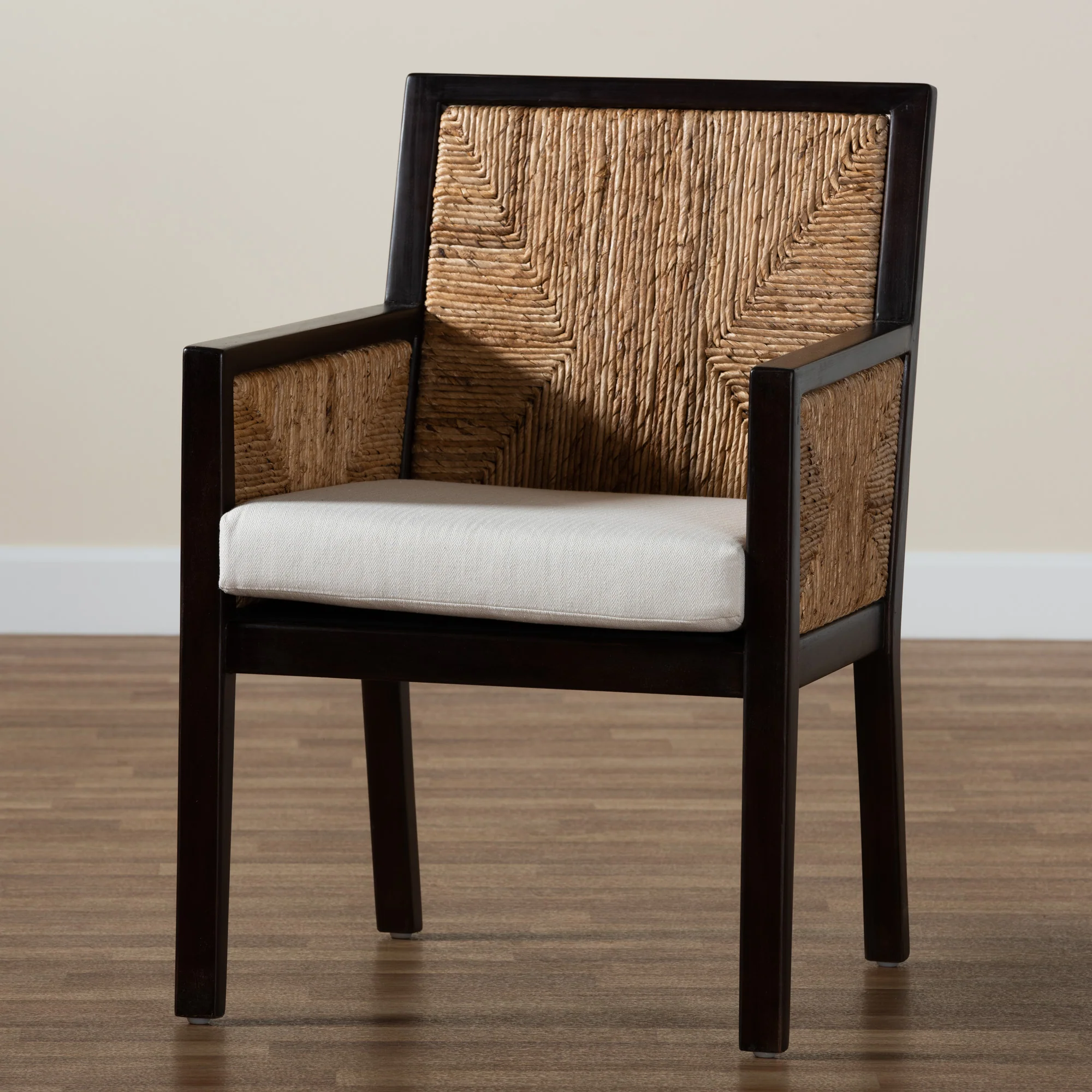 Baxton Studio bali & pari Joana Modern Bohemian Dark Brown Mahogany Wood and Natural Seagrass Dining Arm Chair - Image 9