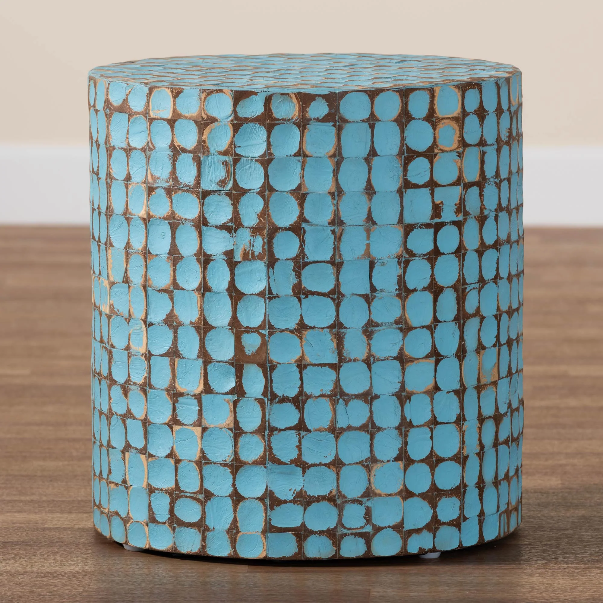 Baxton Studio bali & pari Juliette Bohemian Sky Blue Coconut Shell and Acacia Wood End Table - Image 6