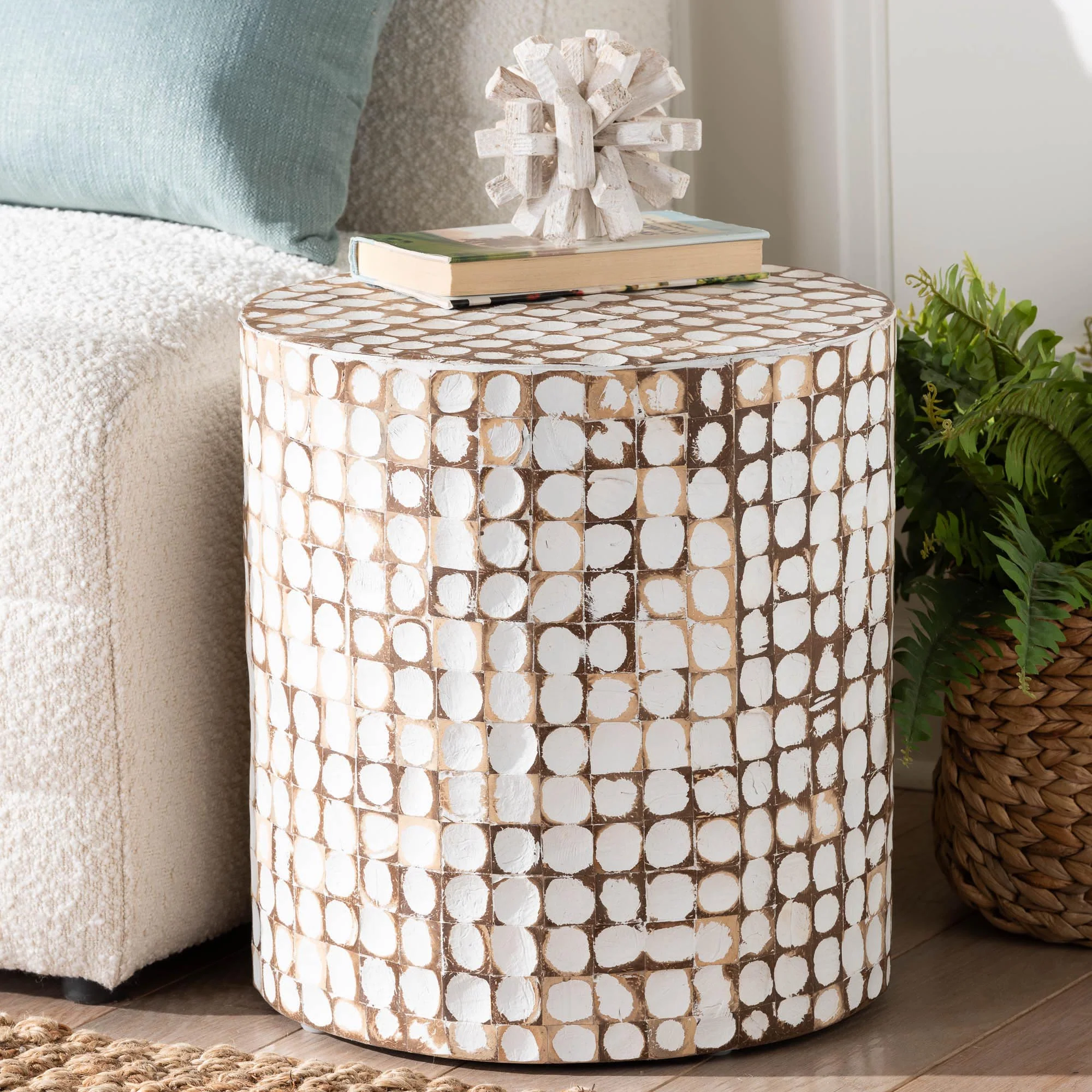 Baxton Studio bali & pari Juliette Bohemian Sky Blue Coconut Shell and Acacia Wood End Table - Image 8