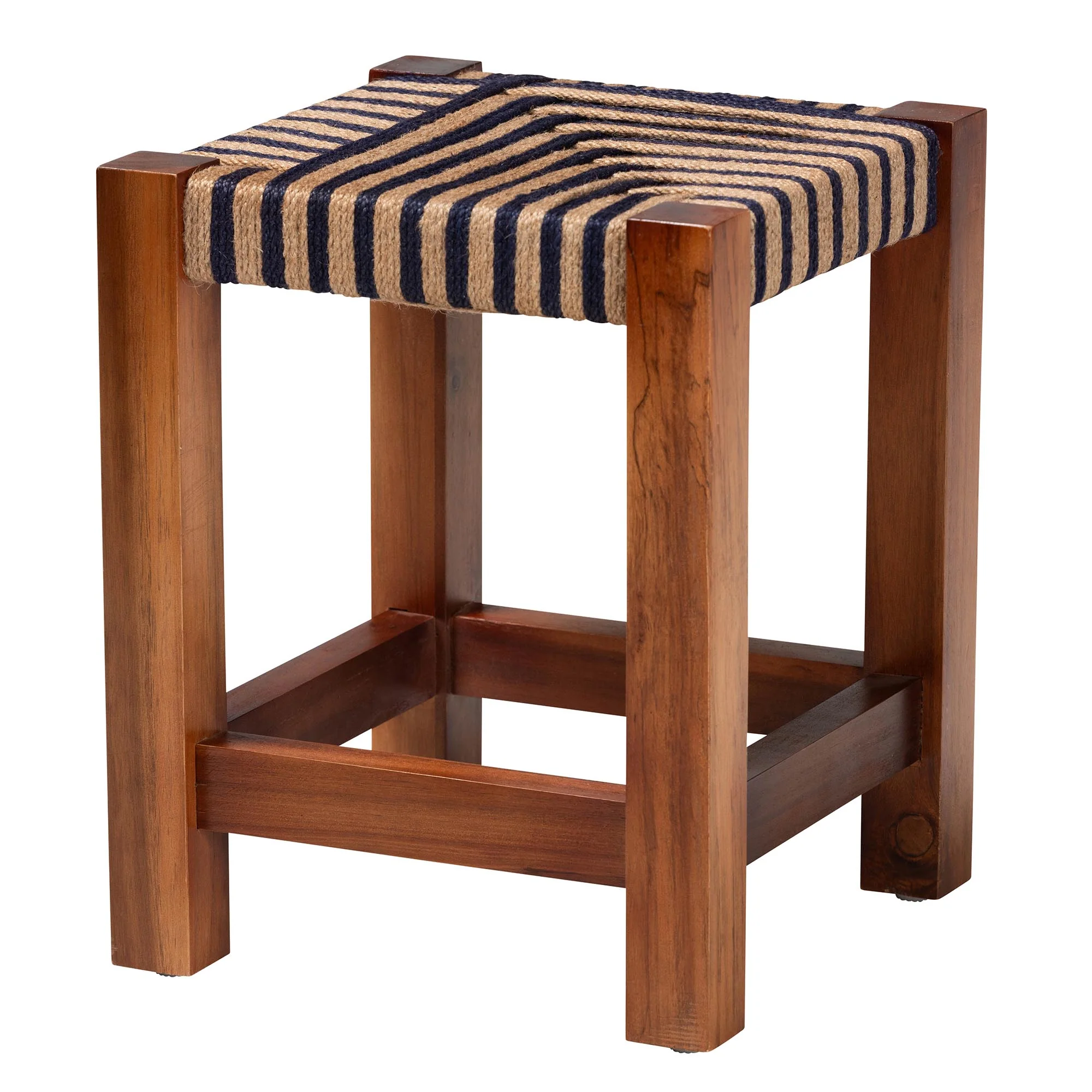 Baxton Studio bali & pari Kailas Modern Bohemian Two-Tone Navy Blue and Natural Brown Seagrass and Natural Brown Acacia Wood Footstool - Image 2